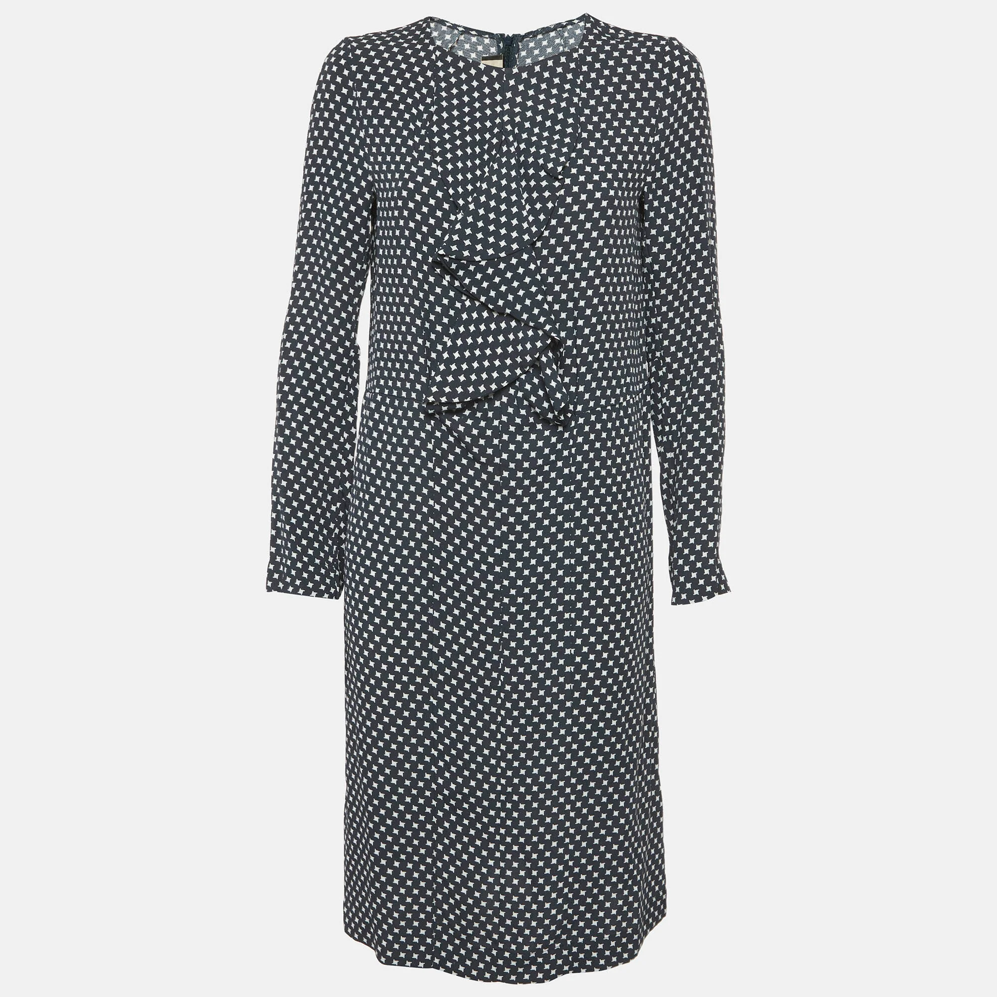 Marni Grey Printed Crepe Ruffled Short Dress