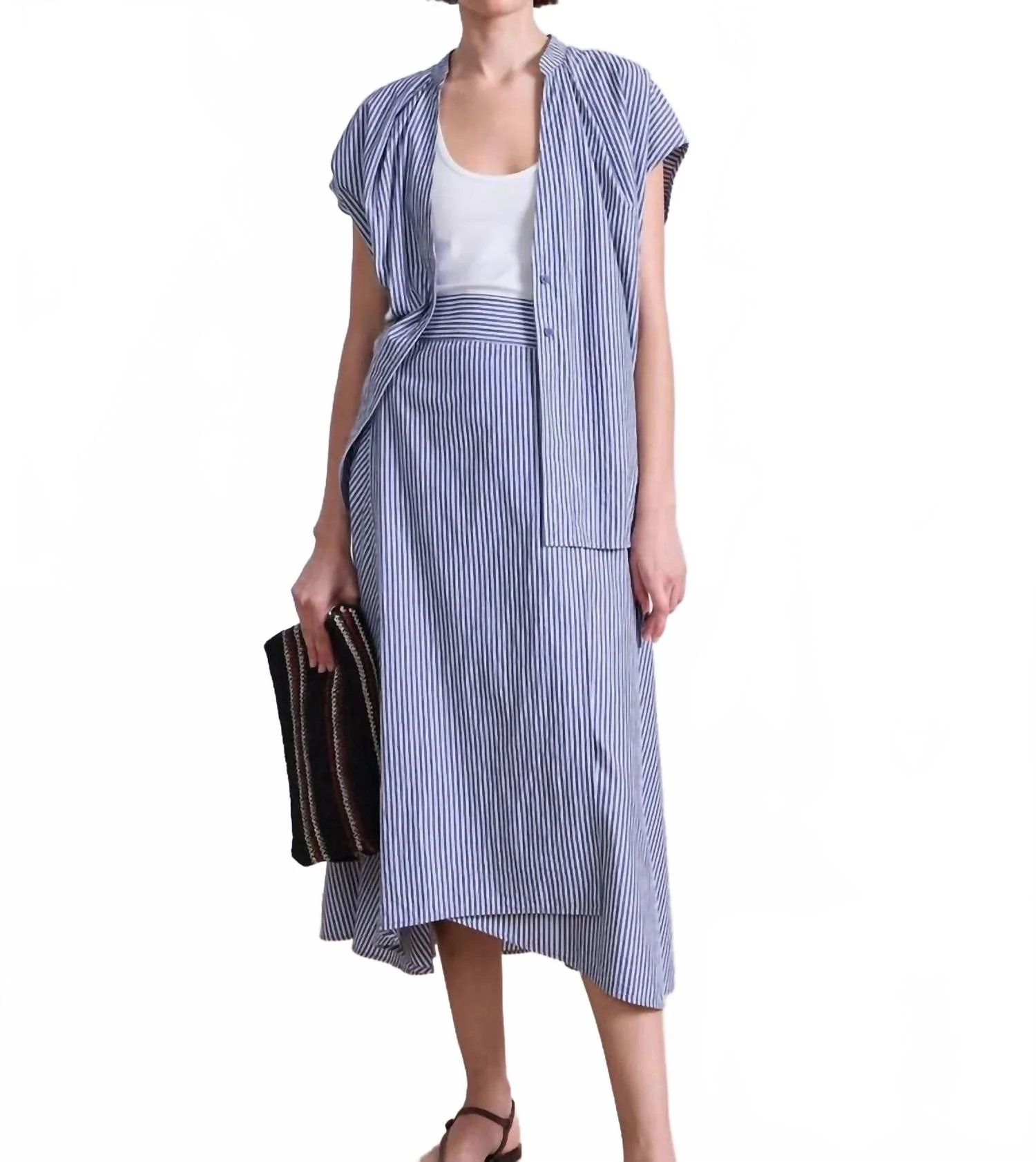 Marsala Asymmetrical Skirt In Skinny Stripes Indigo/ Cream - Image 5