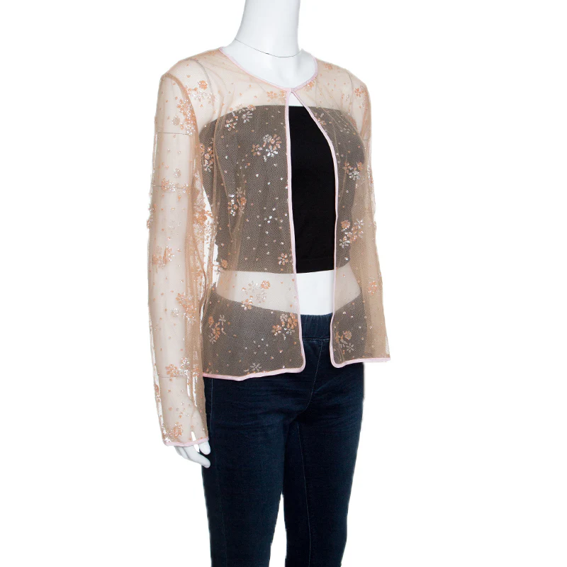 Mary Katrantzou Beige Floral Glitter Embellished Tulle Jacket - Image 2