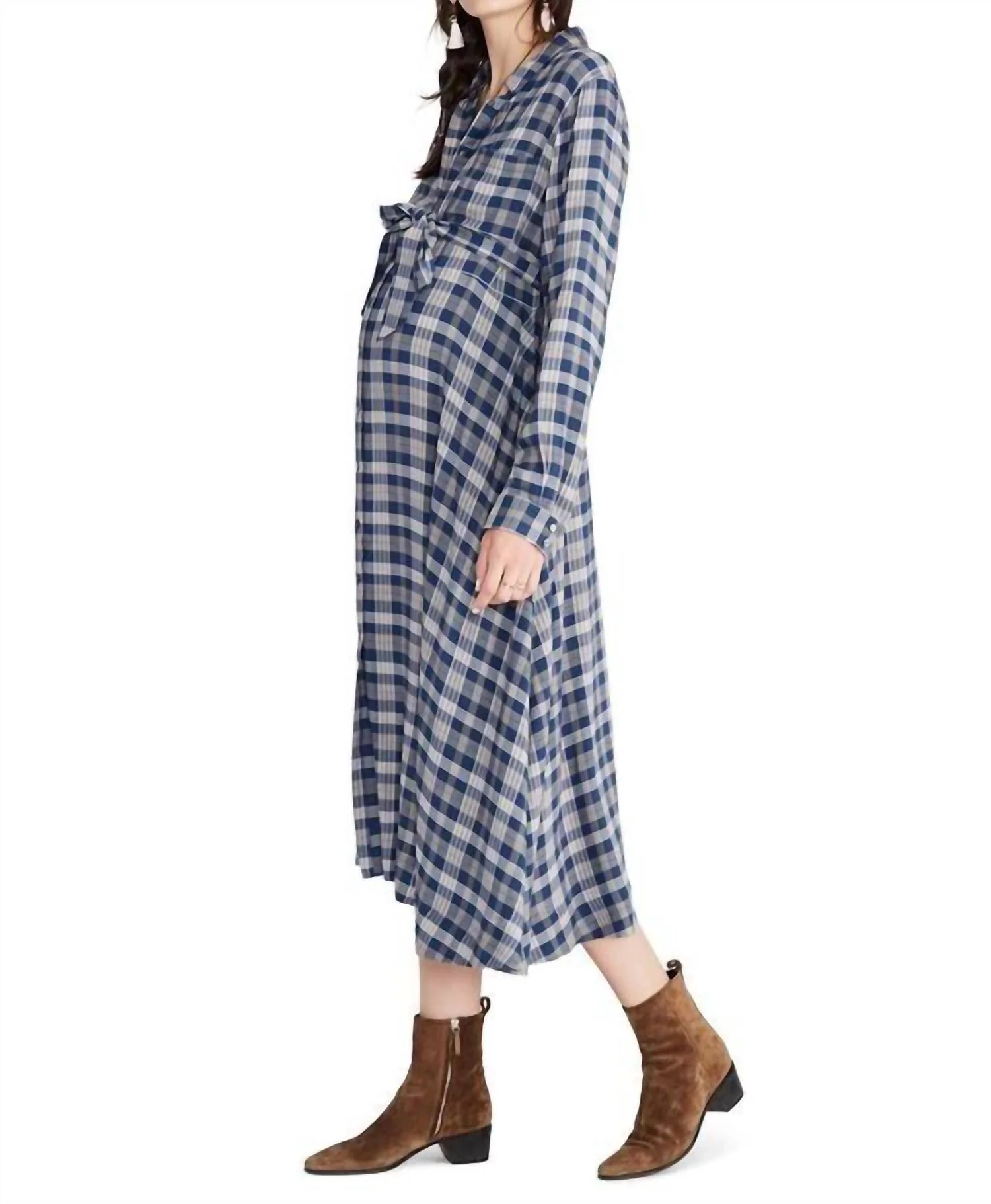 Maternity The Alyssa Dress In Navy/beige Plaid - Image 3