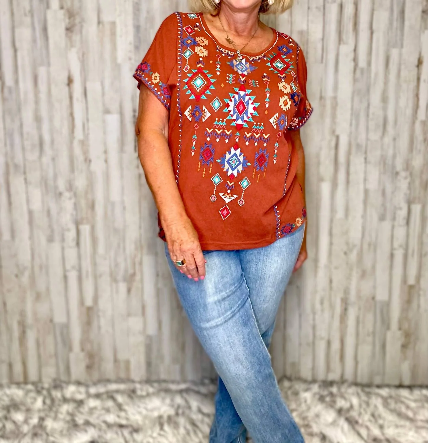Maya Aztec Embroidery Top In Orange - Image 3