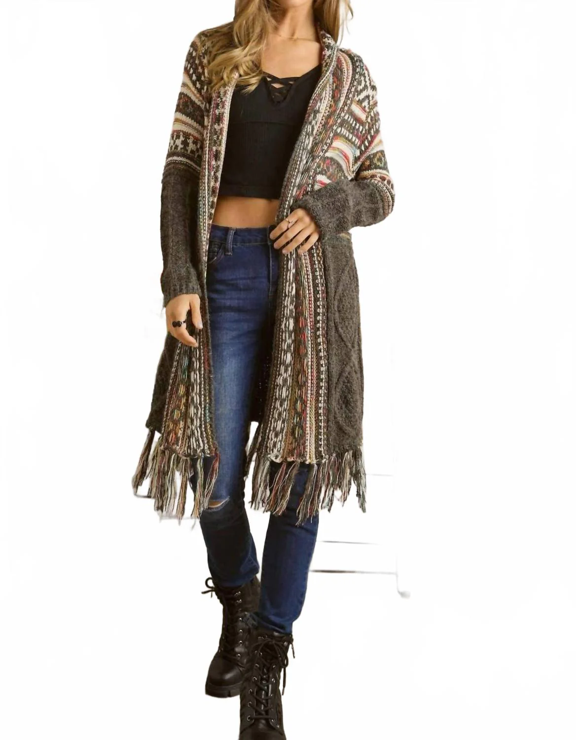 Maya Fringe Hem Aztec Cardigan In Black - Image 5