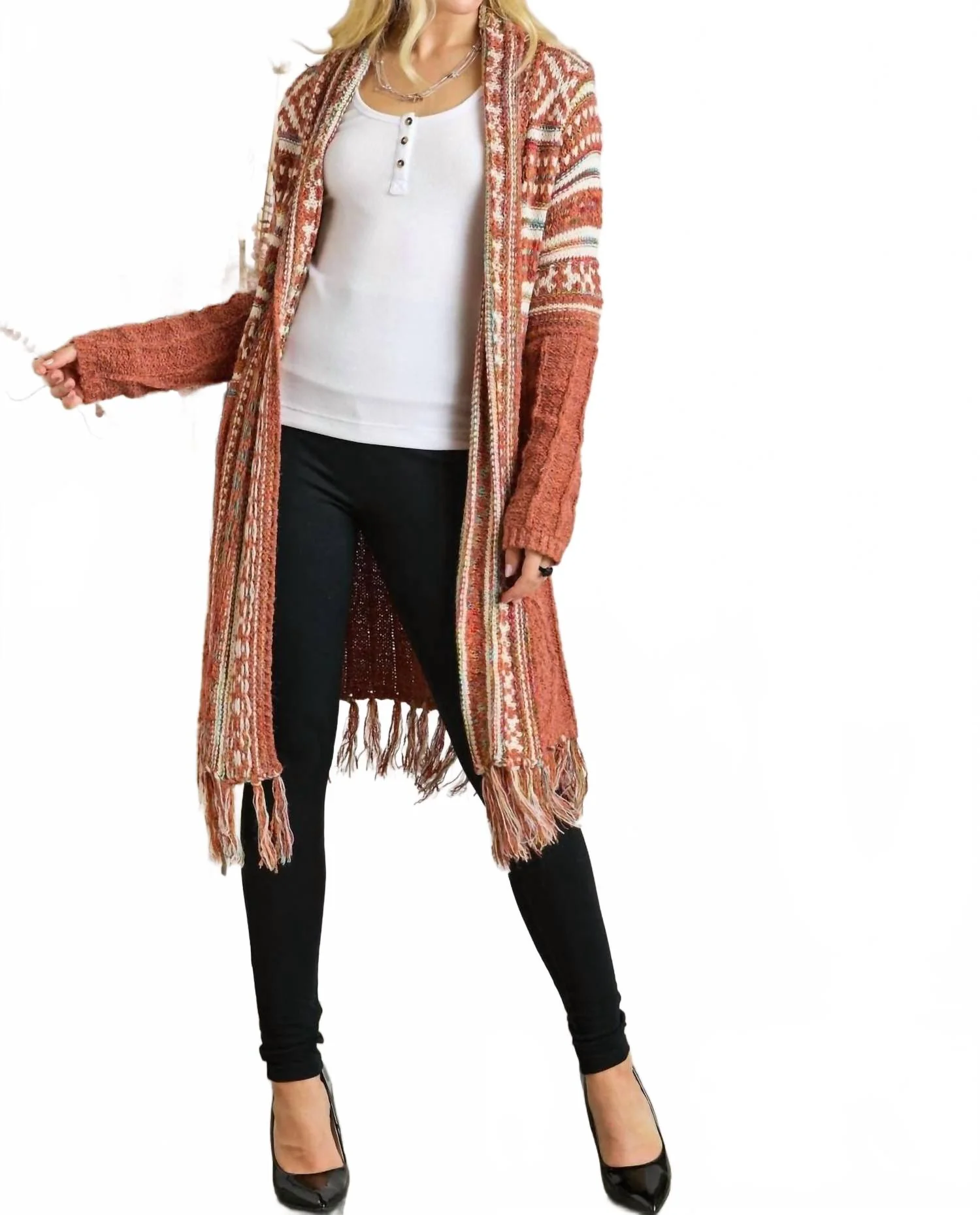 Maya Fringe Hem Aztec Cardigan In Rust - Image 5