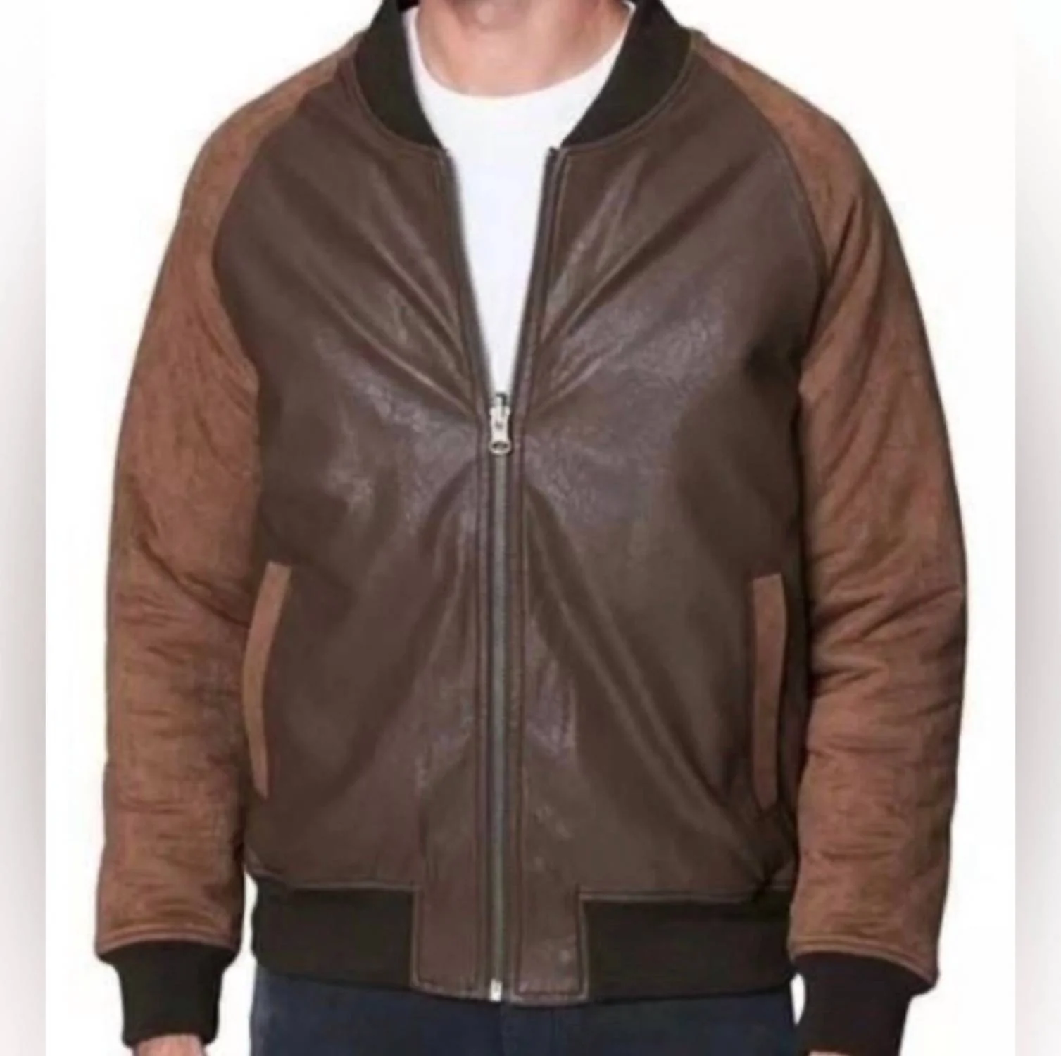 Men's Leather Bomber Jacket In Brown - Image 2