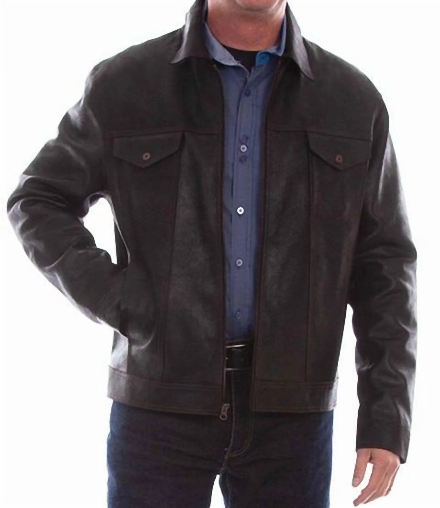 Men's Leather Full Zip Jacket In Black
