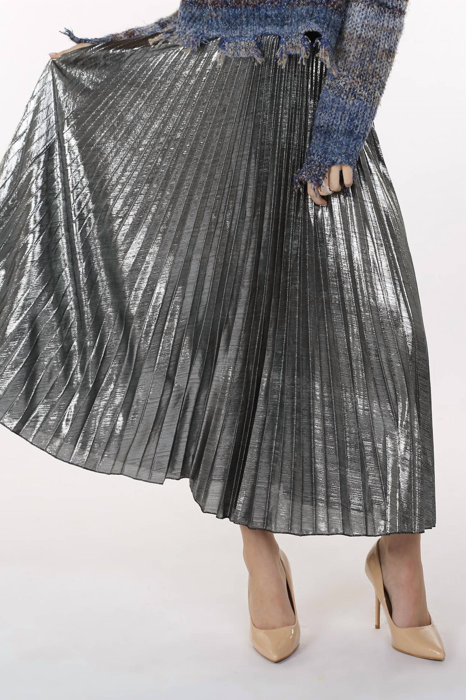 Metallic Coated Pleat Maxi Skirt In Silver - Image 5