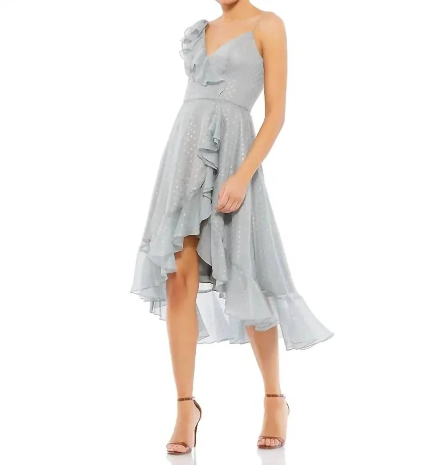 Metallic Polka Dot Faux Wrap Dress In Slate Gray Blue