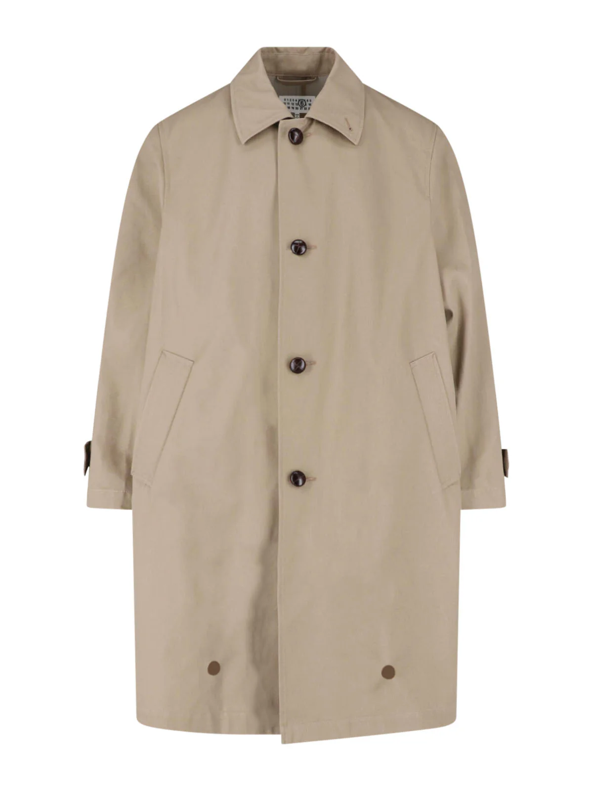 Mid-Length Beige Jacket with Classic Collar and Button Details