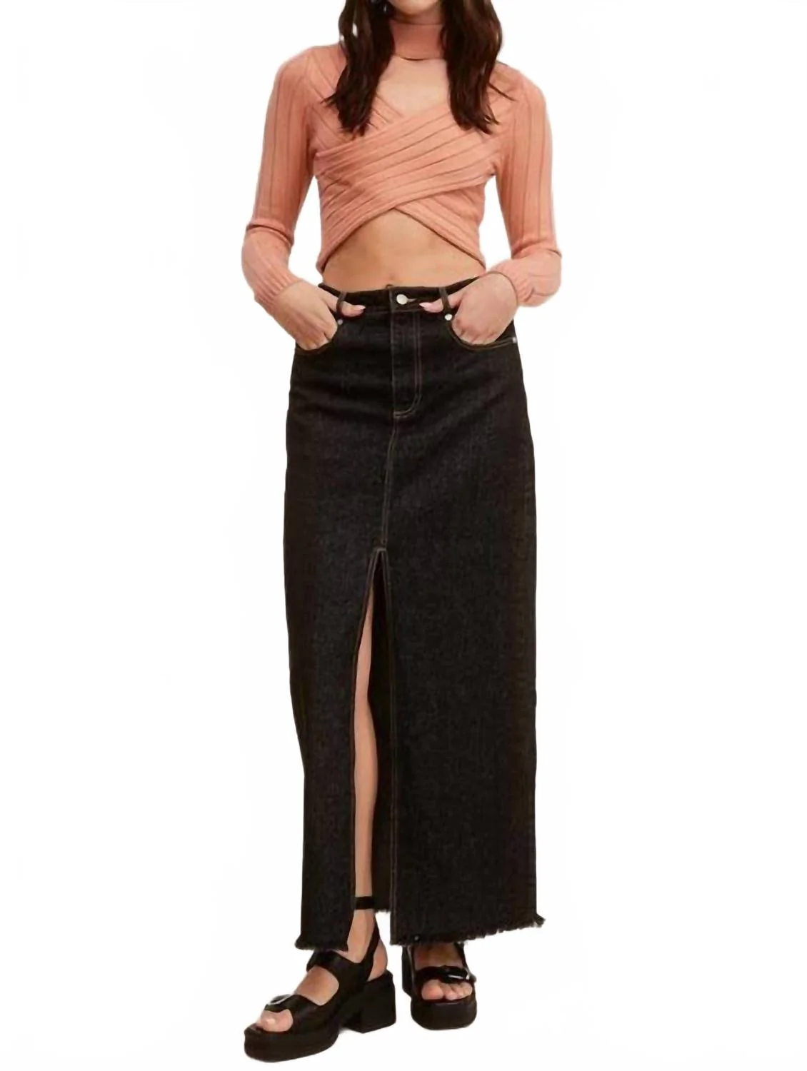 Mid-Rise Denim Maxi Skirt With Front Slit In Black