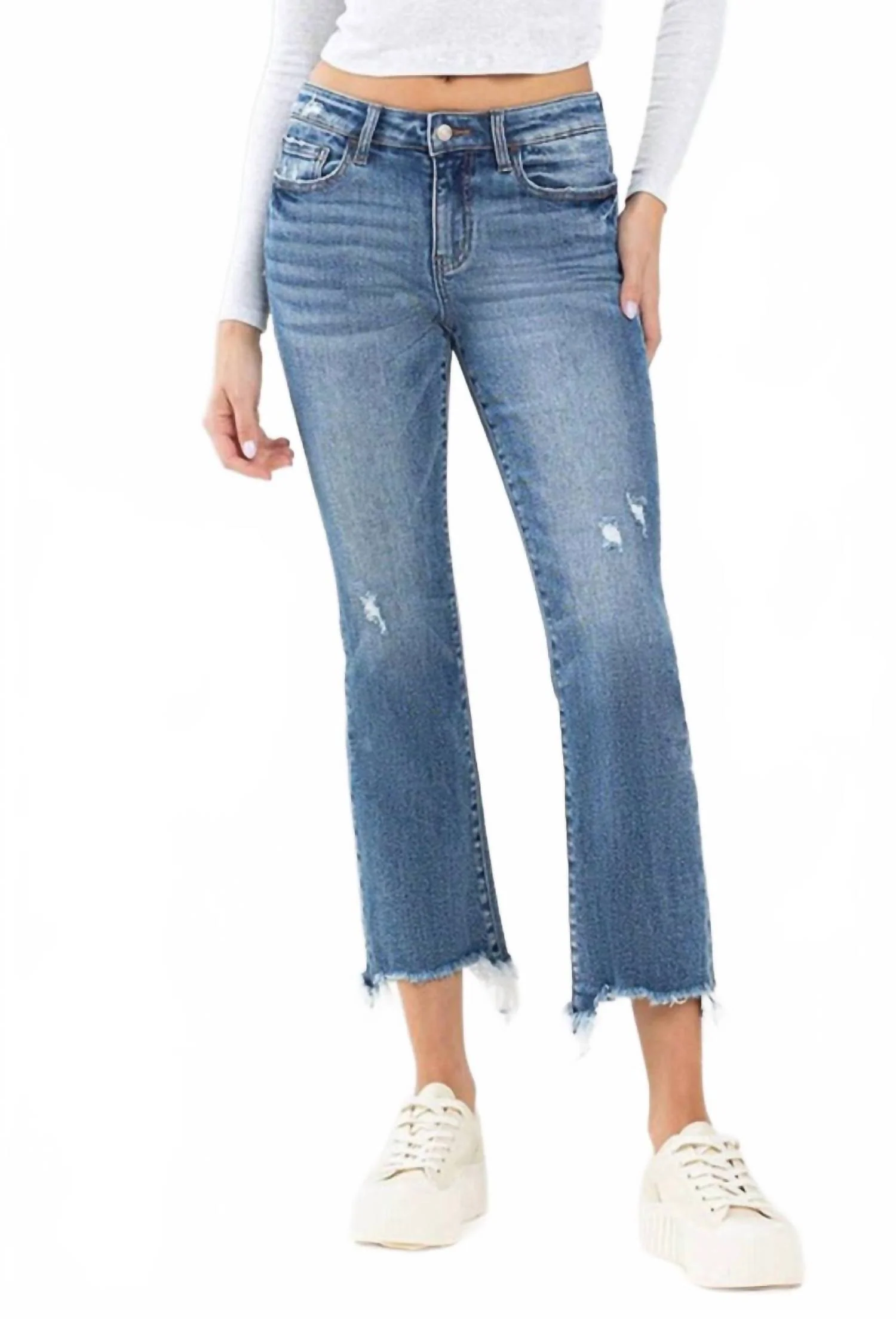 Mid Rise Distressed Hem Ankle Bootcut Jeans In Medium Wash