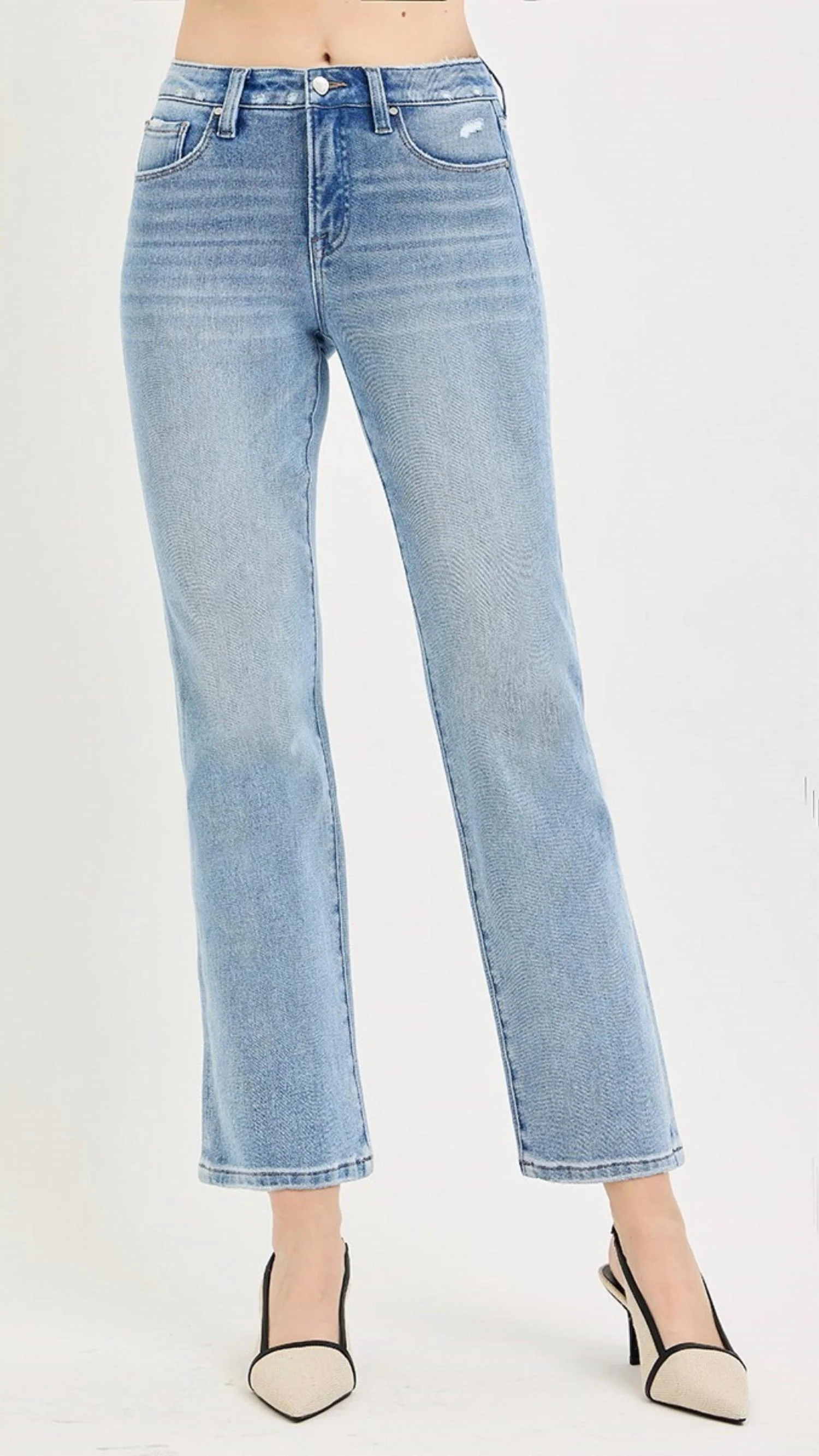 Mid Rise Tummy Control Ankle Straight Jeans In Light Wash