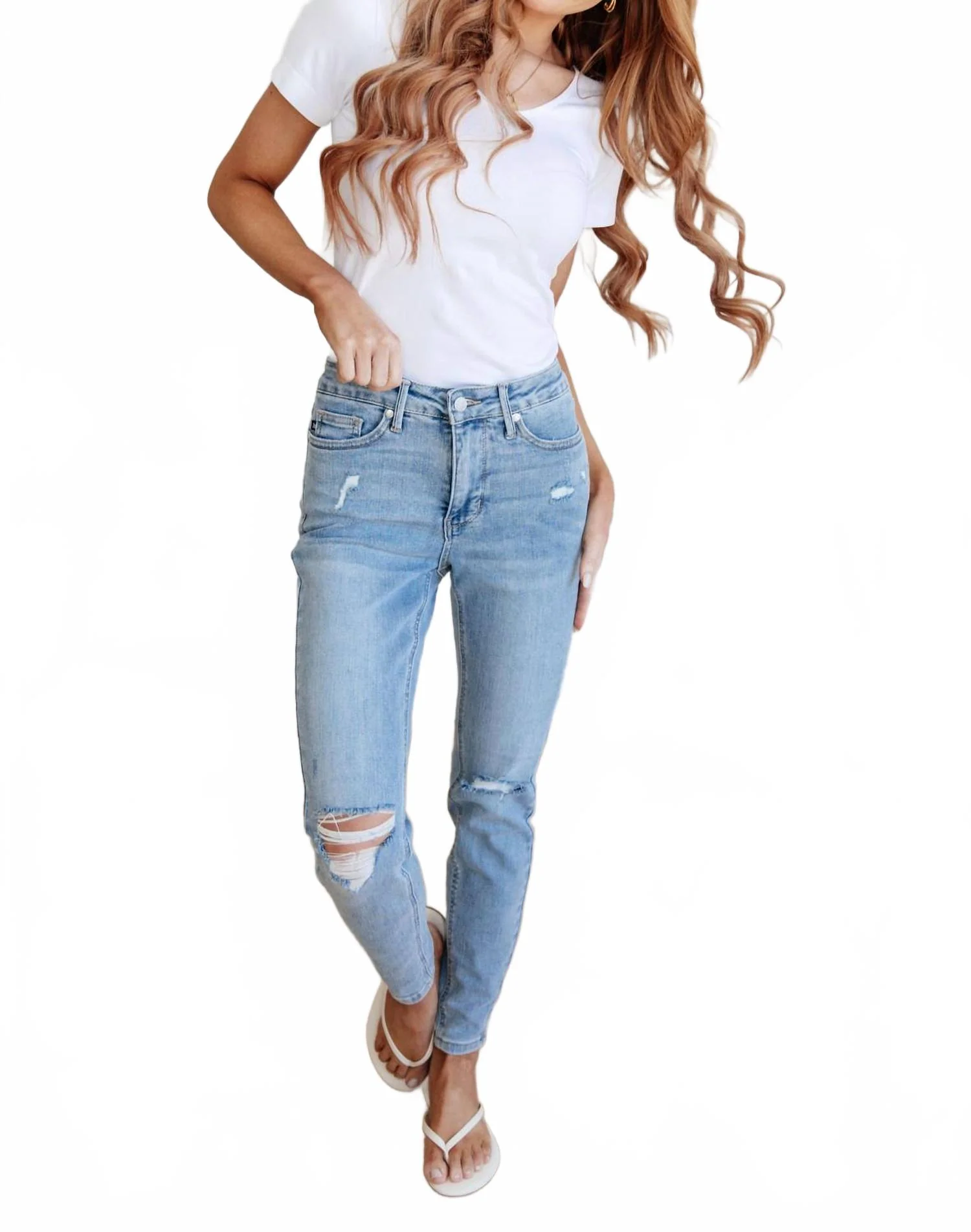Mid Rise Tummy Control Distressed Skinny Jeans In Blue - Image 2