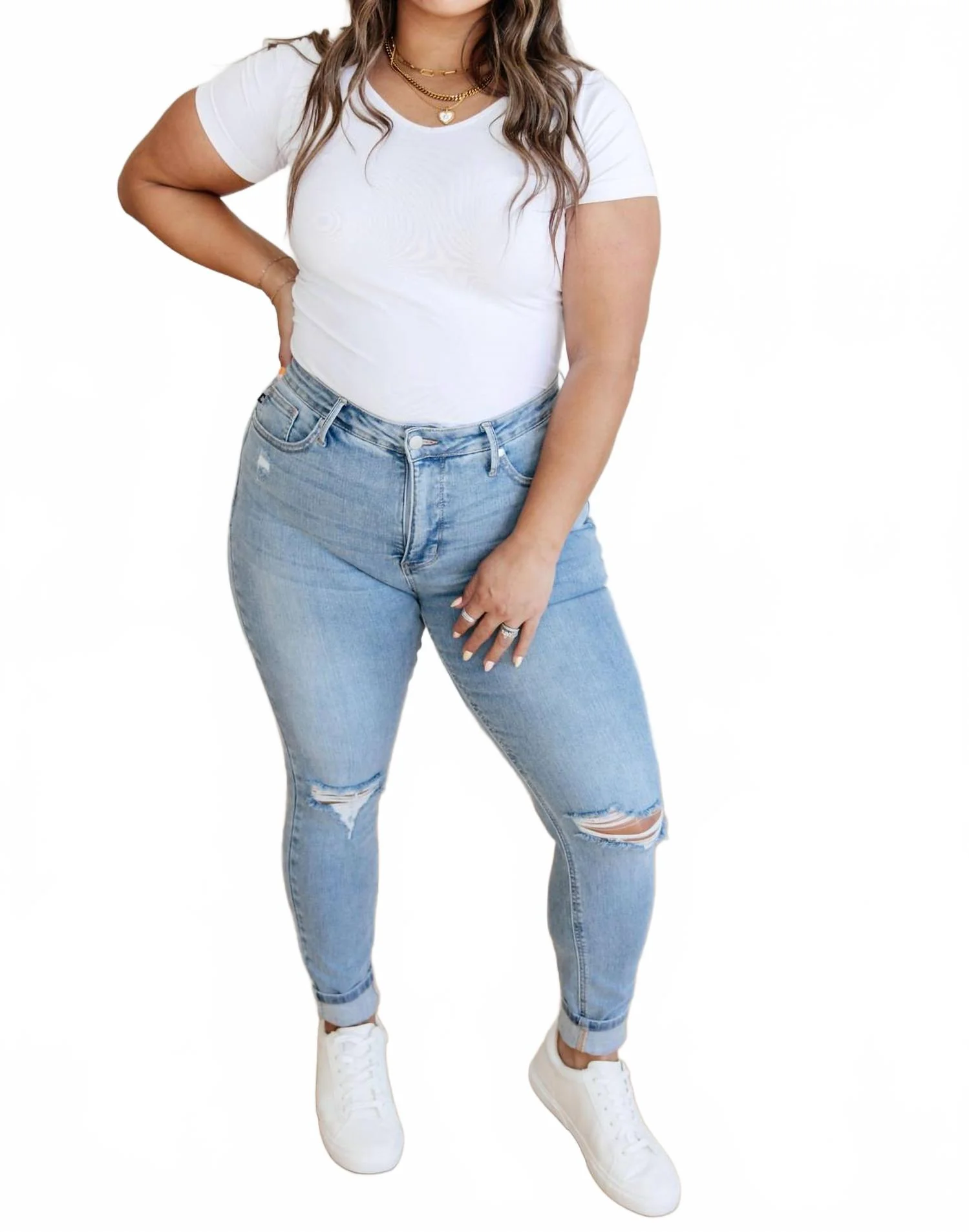 Mid Rise Tummy Control Distressed Skinny Jeans In Blue - Image 3