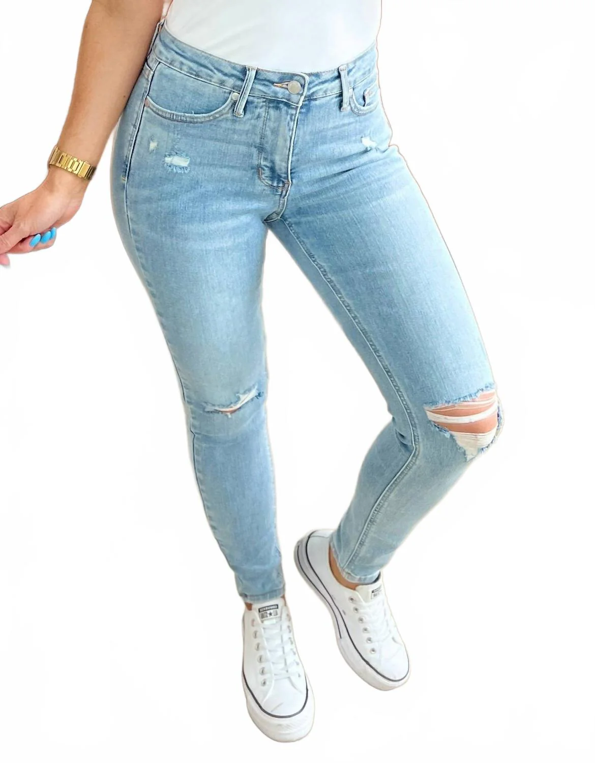 Mid Rise Tummy Control Distressed Skinny Jeans In Blue - Image 4