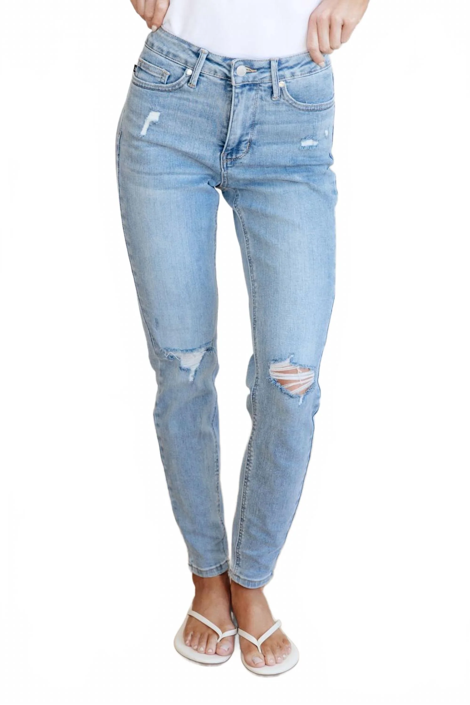 Mid Rise Tummy Control Distressed Skinny Jeans In Blue - Image 5