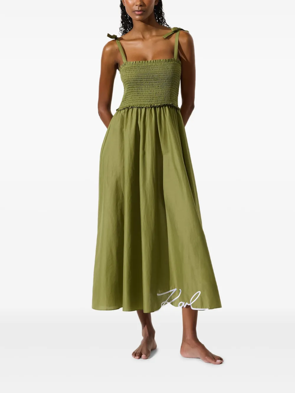 Midi Dress with Smocked Bodice and Square Neckline - Image 2