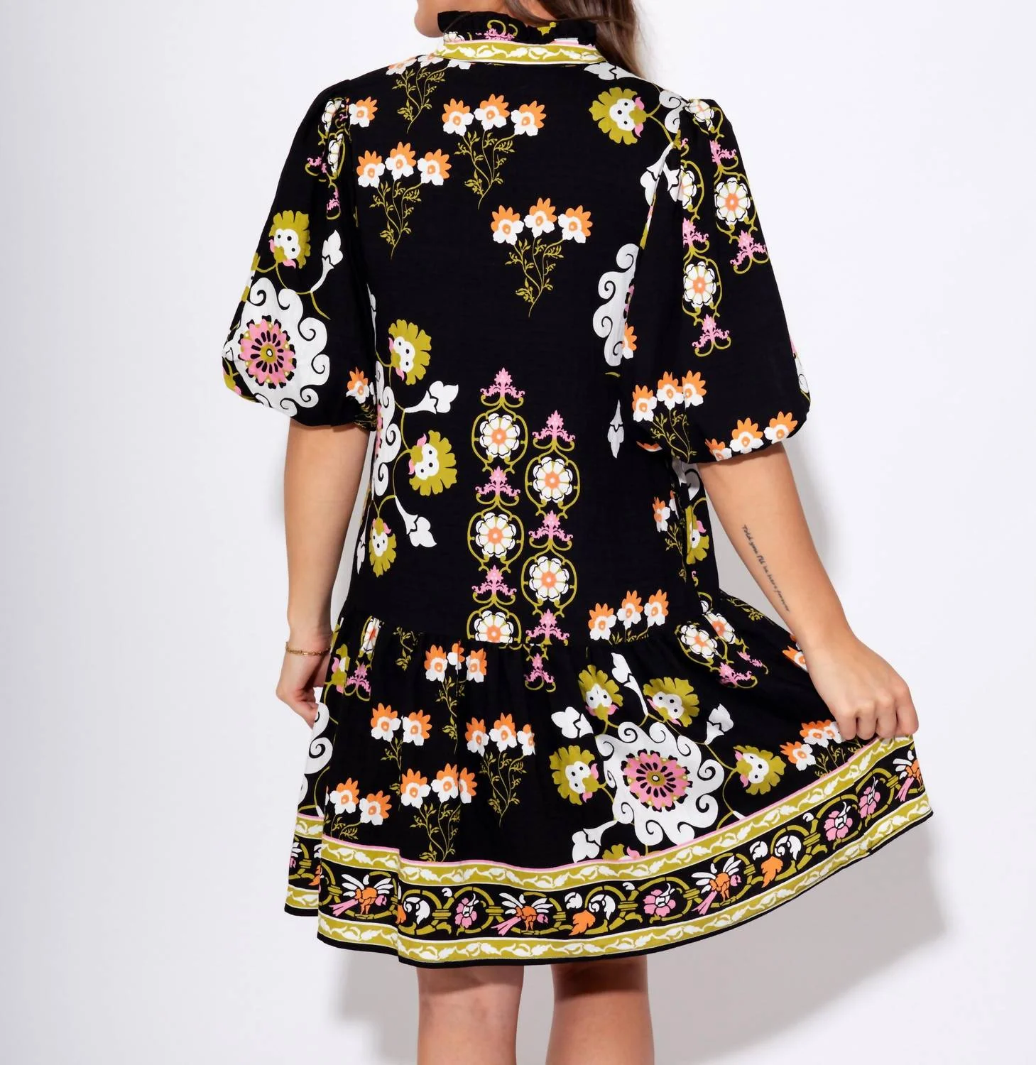 Midnight Blossom Puff Sleeve Dress In Black - Image 4