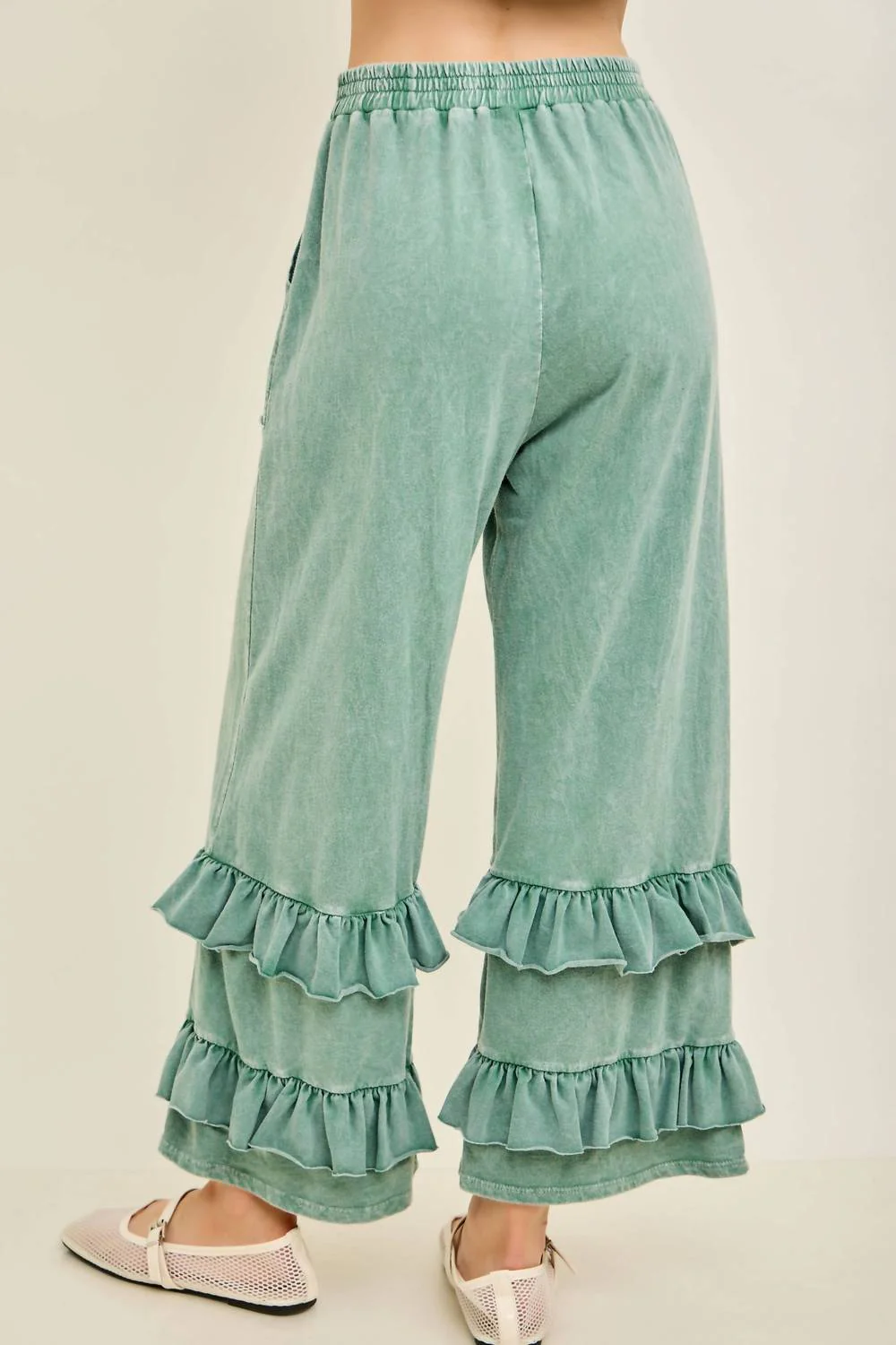 Mineral Washed Double Ruffle Boho Princess Pants In Moss Green - Image 3