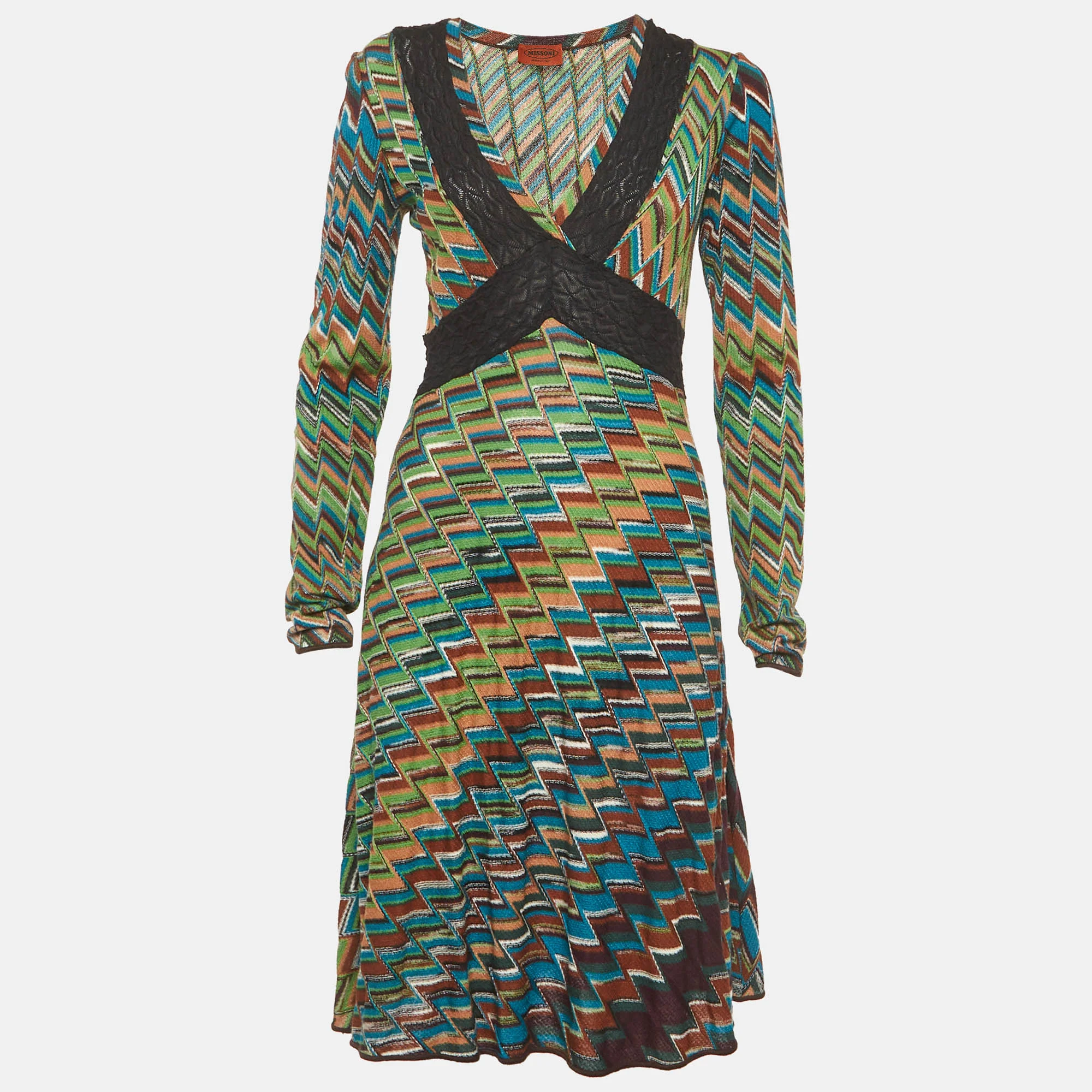 Missoni Multicolour Zig Zag Pattern Knit V Neck Mini Dress