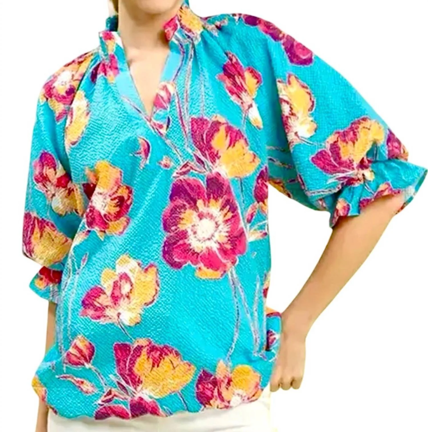 Mix Floral Puff Sleeve Top In Aqua