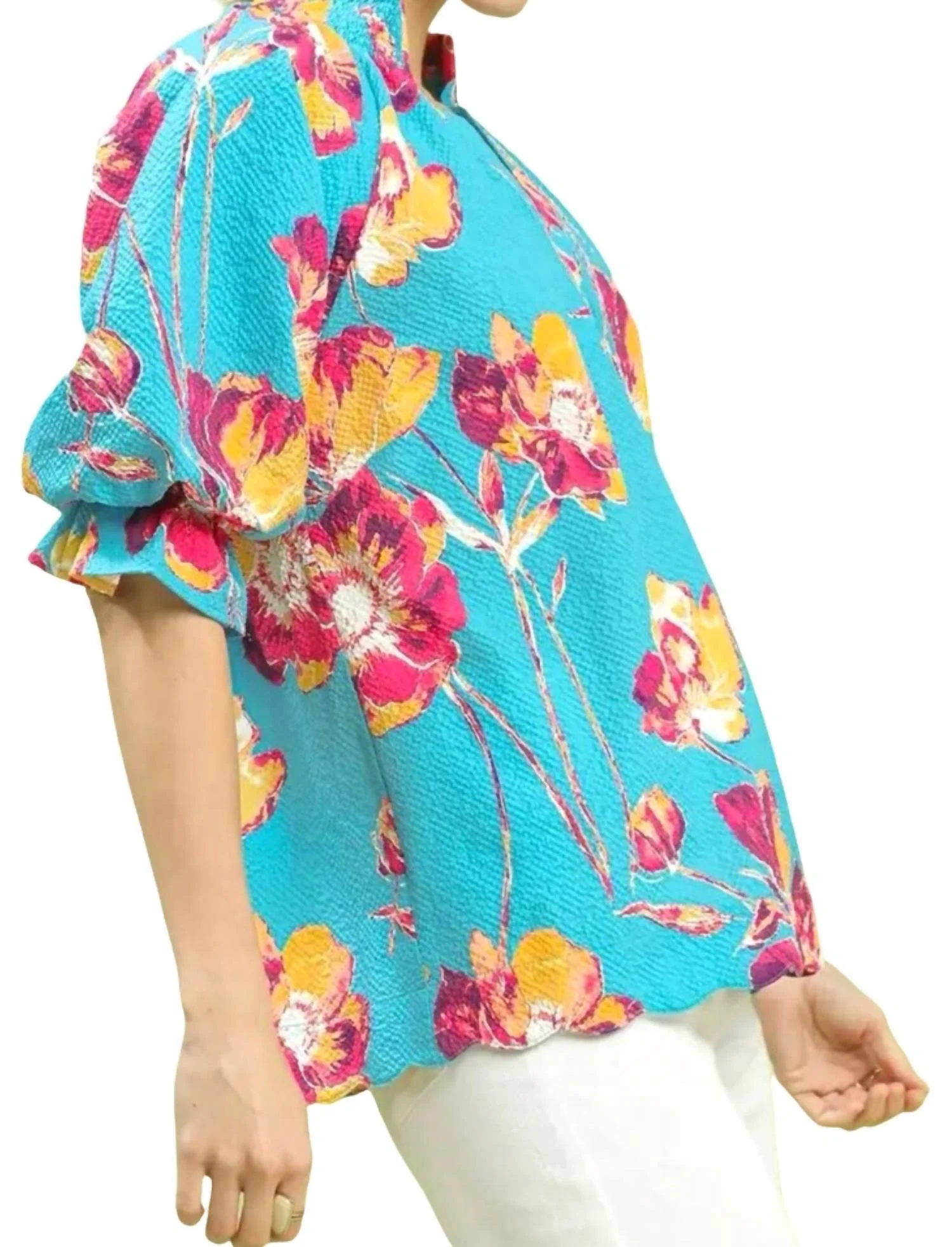 Mix Floral Puff Sleeve Top In Aqua - Image 2