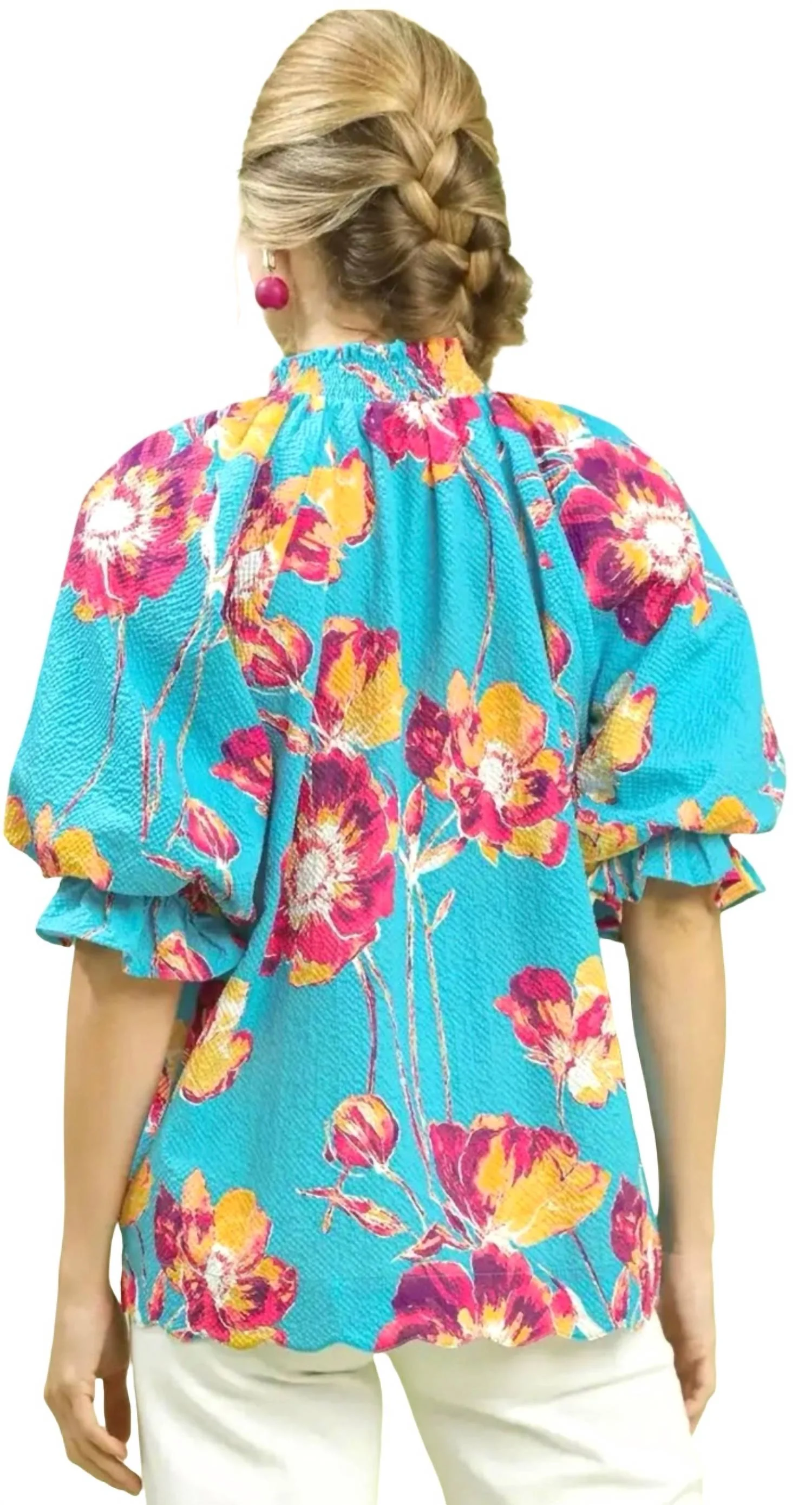Mix Floral Puff Sleeve Top In Aqua - Image 3