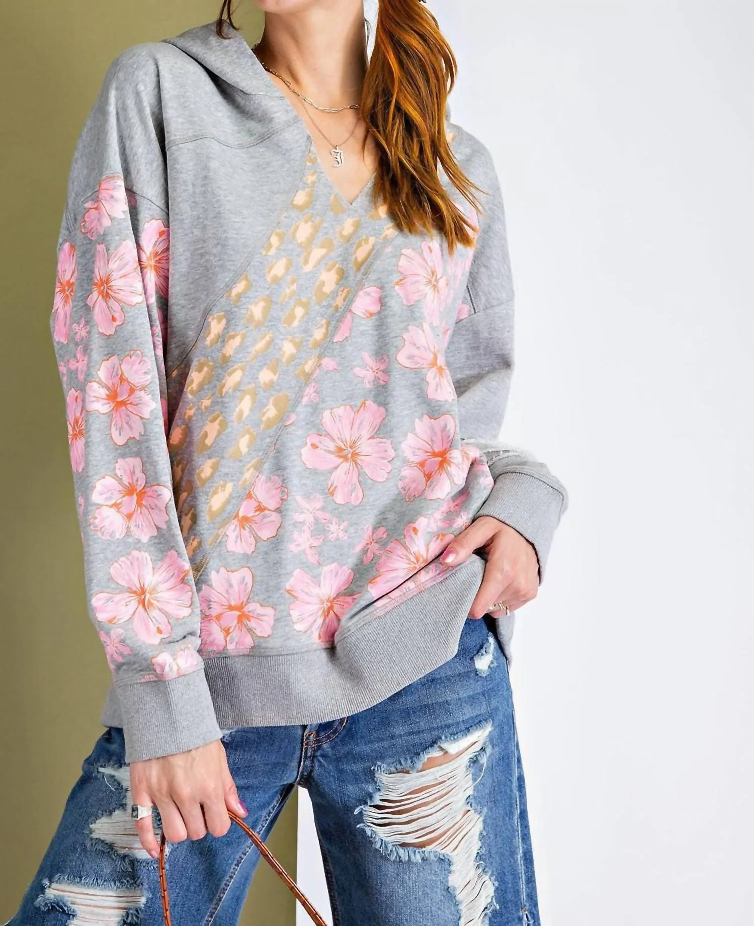 Mix Print Terry Pullover Hoodie In Heather Grey
