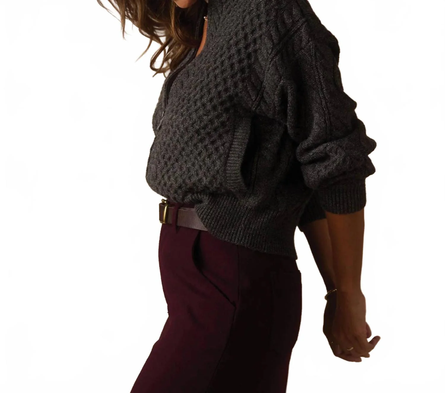 Mixed Cableknit Bomber Jacket In Charcoal - Image 2