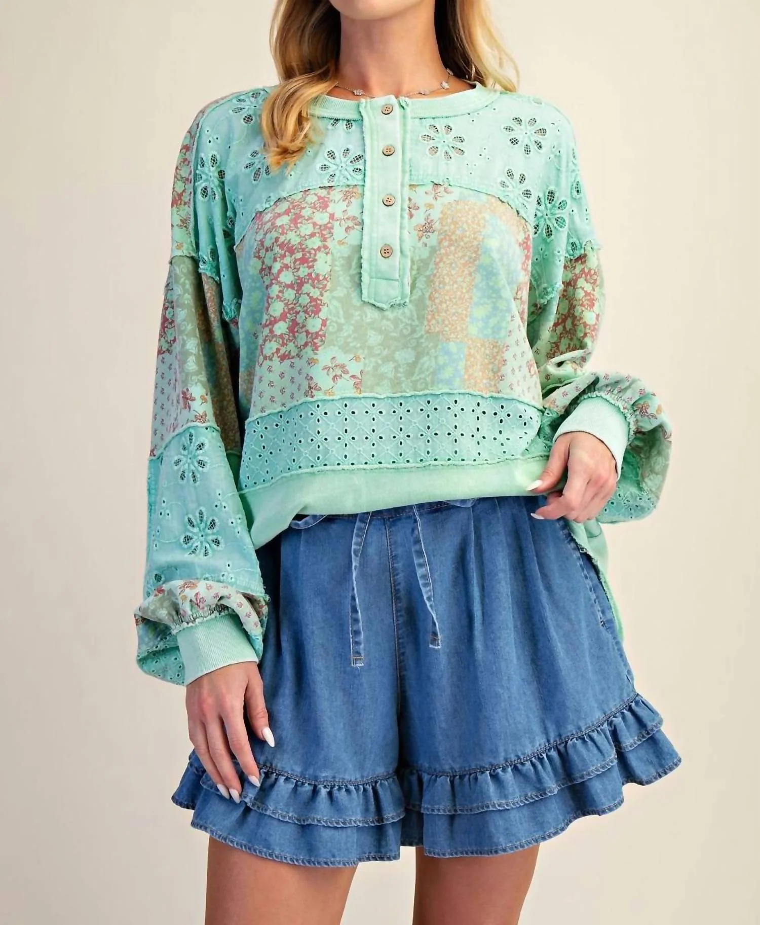 Mixed Print Button Front Washed Top - Plus In Atlantis Green