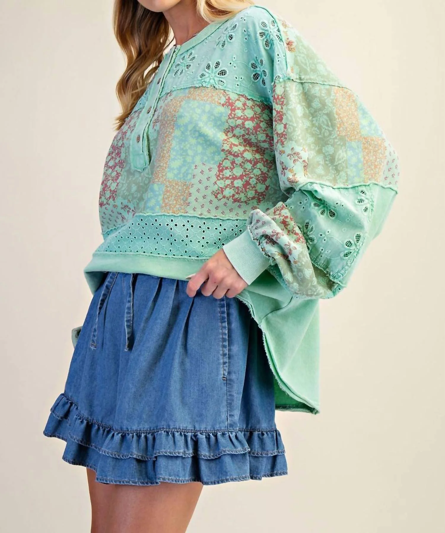 Mixed Print Button Front Washed Top - Plus In Atlantis Green - Image 2