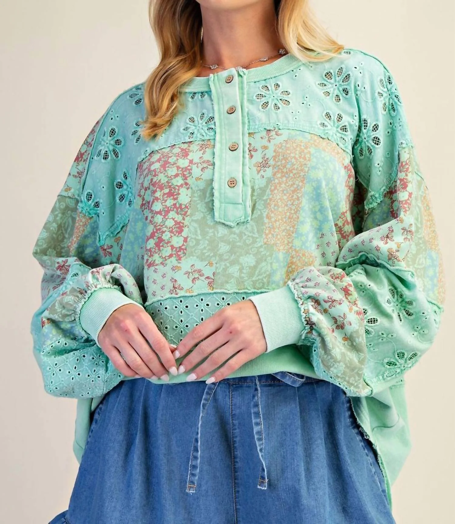 Mixed Print Button Front Washed Top - Plus In Atlantis Green - Image 3