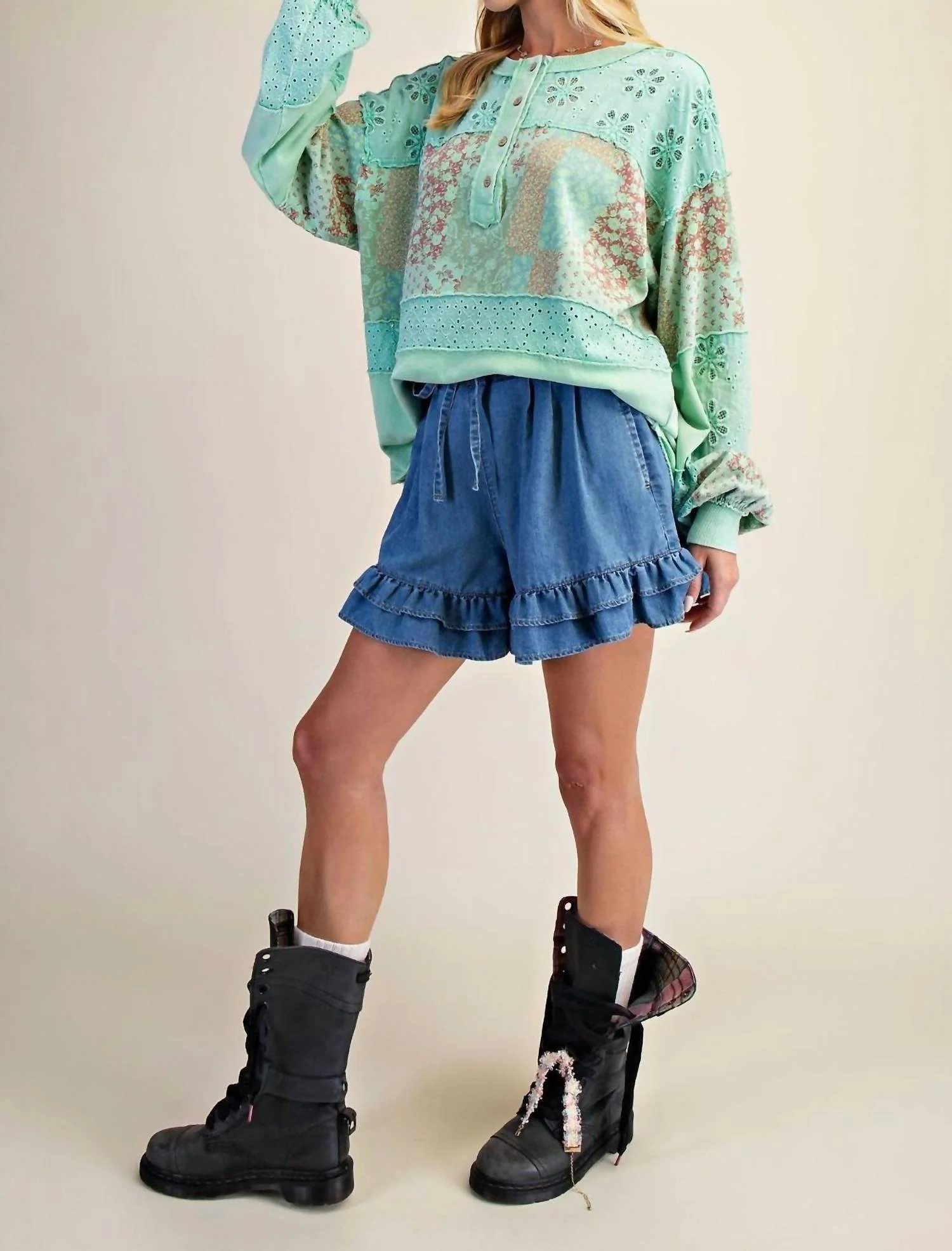 Mixed Print Button Front Washed Top - Plus In Atlantis Green - Image 4
