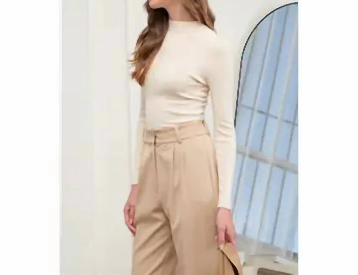 Mock Neck Long Sleeve Sweater Knit Top In Ecru - Image 3