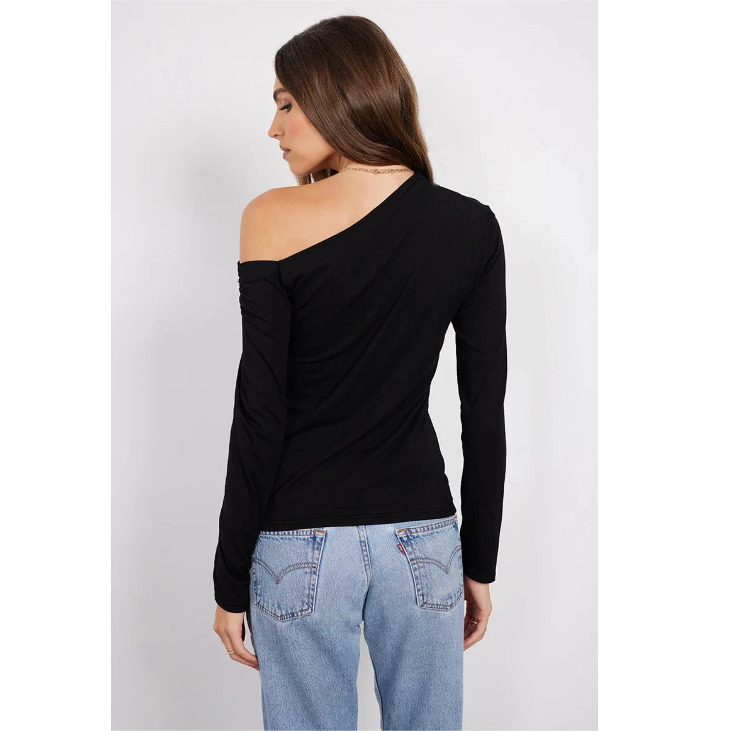 Monrow Tee Women's Black Cotton Off-the-Shoulder Long Sleeve JDM2671 - Image 4