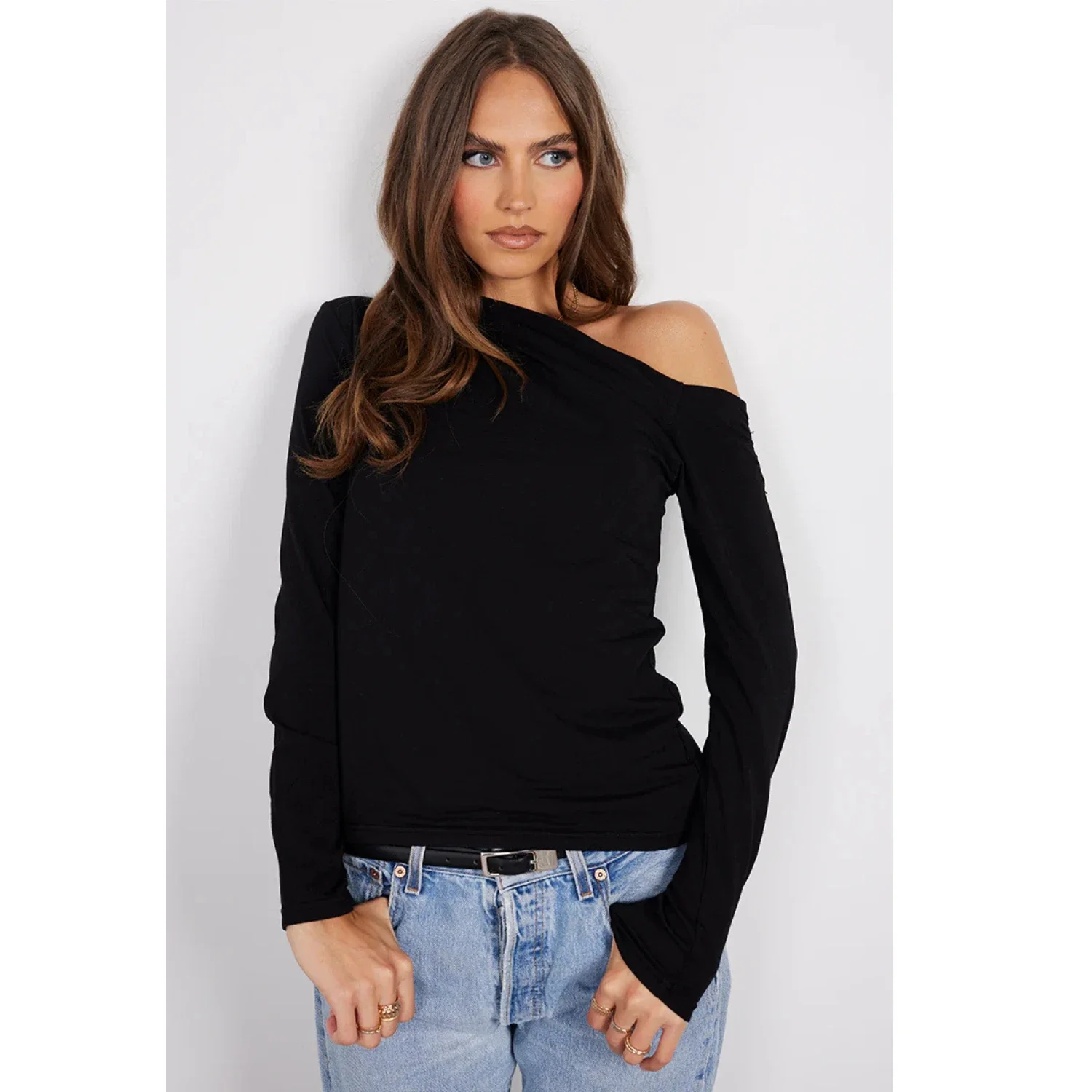 Monrow Tee Women's Black Cotton Off-the-Shoulder Long Sleeve JDM2671 - Image 5