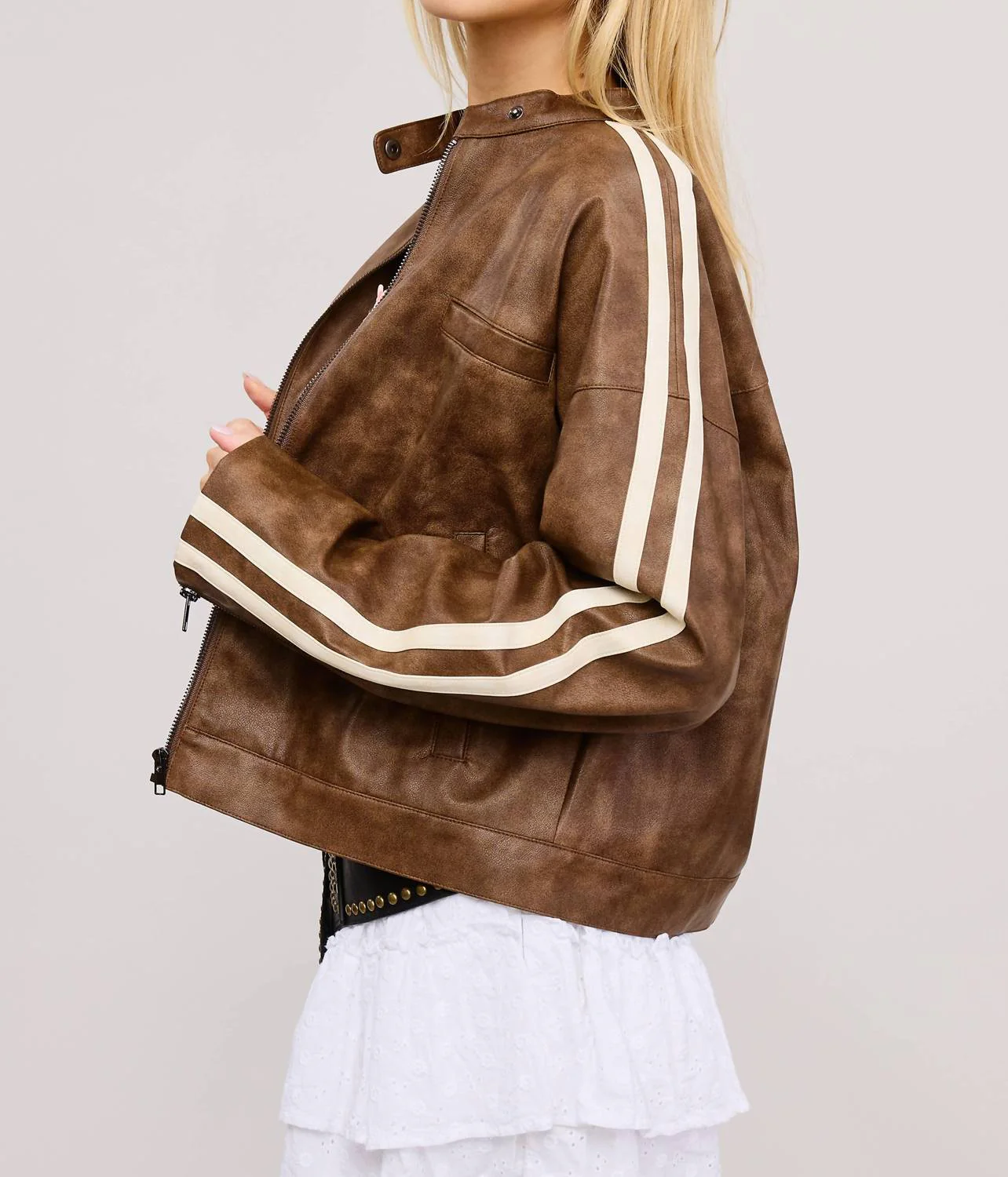 Moto Jacket With Stripes In Clay - Image 4