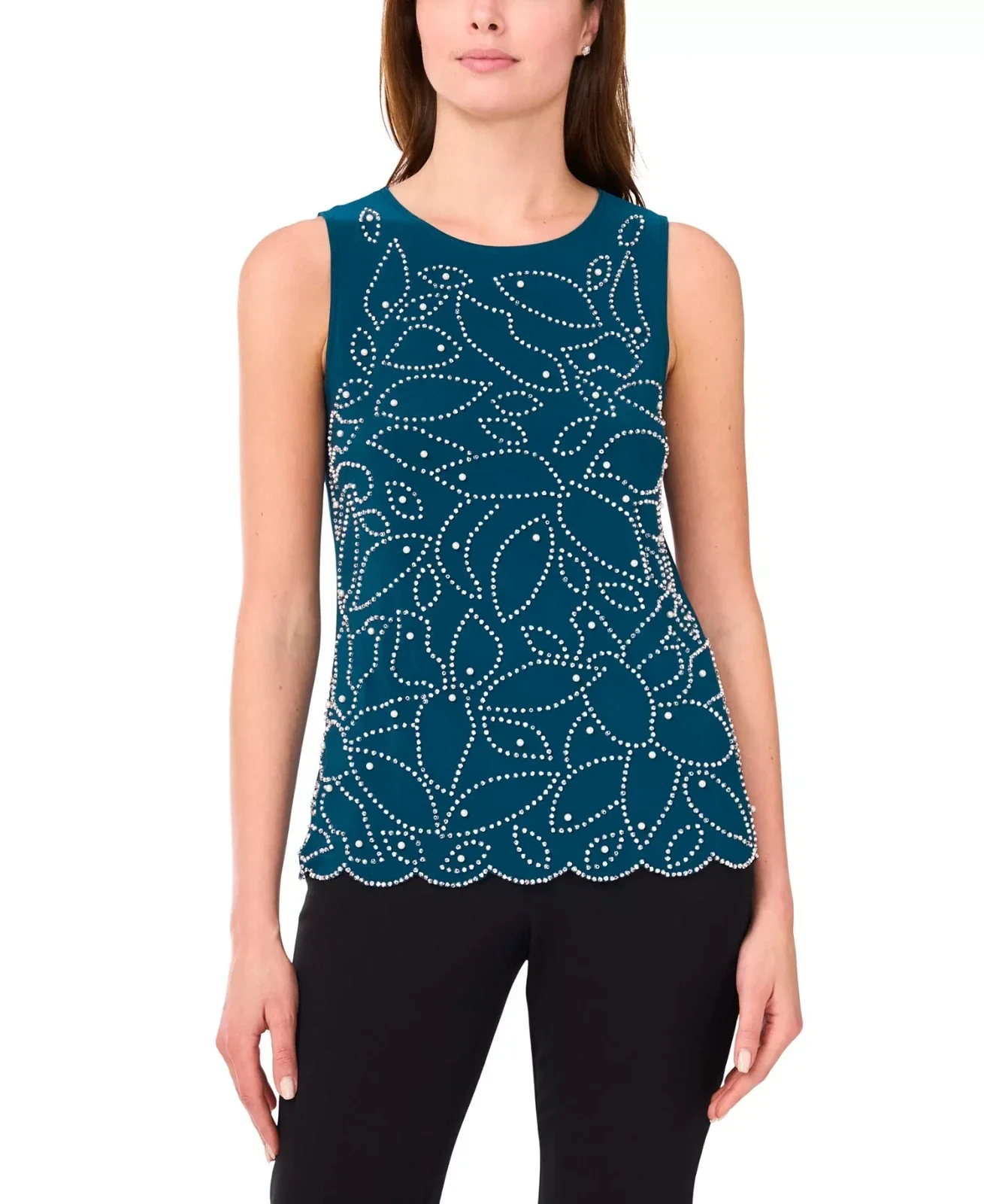 Msk Tank Top Women's Neo Emerald Stretch Round Neck Scalloped Hem PAL 6