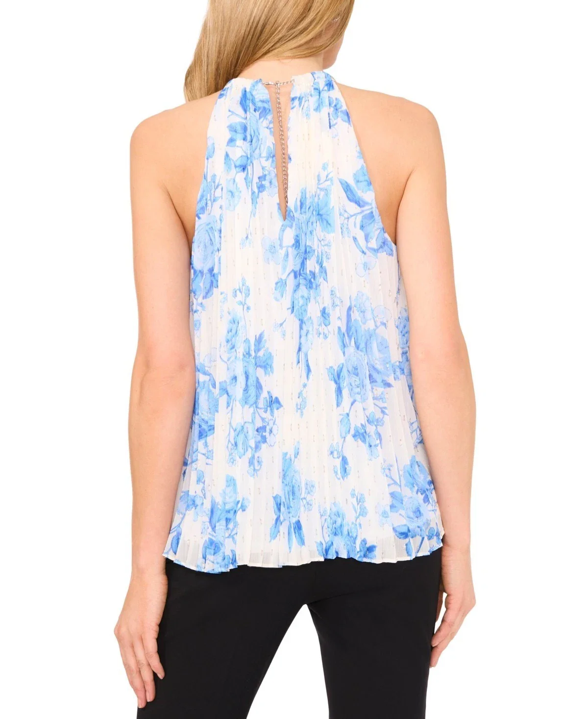 Msk Top Women's Airy Blue Floral Chiffon Pleated Sleeveless Halter Neck PAL49 - Image 2
