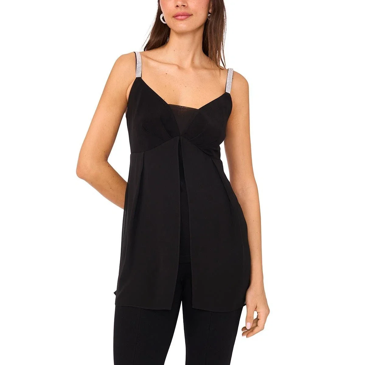 Msk Tunic Top Women's Black Rhinestone Strap V-Neck Overlay Blouse PAL144 - Image 5