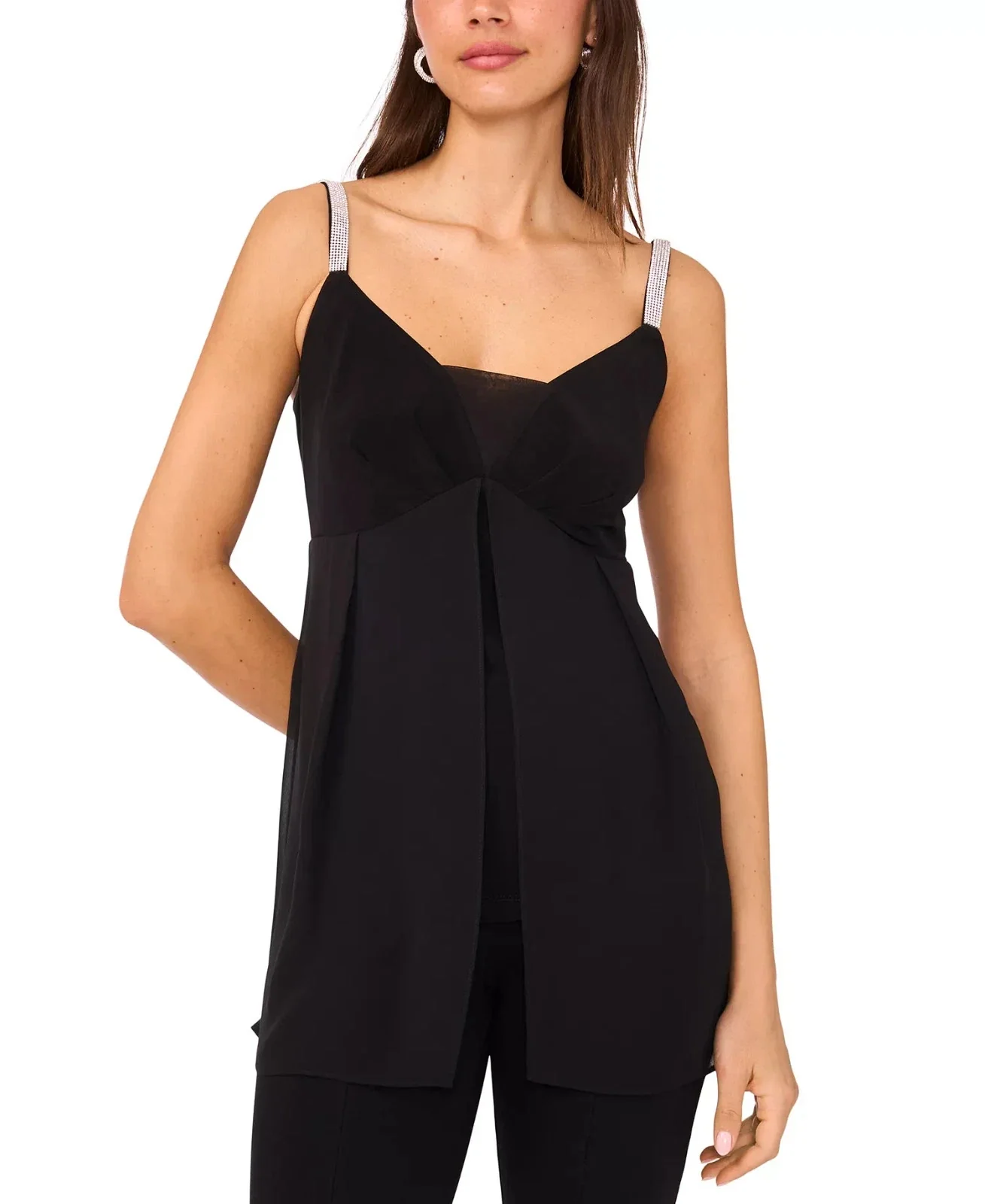 Msk Tunic Top Women's Black Rhinestone Strap V-Neck Overlay Blouse PAL149