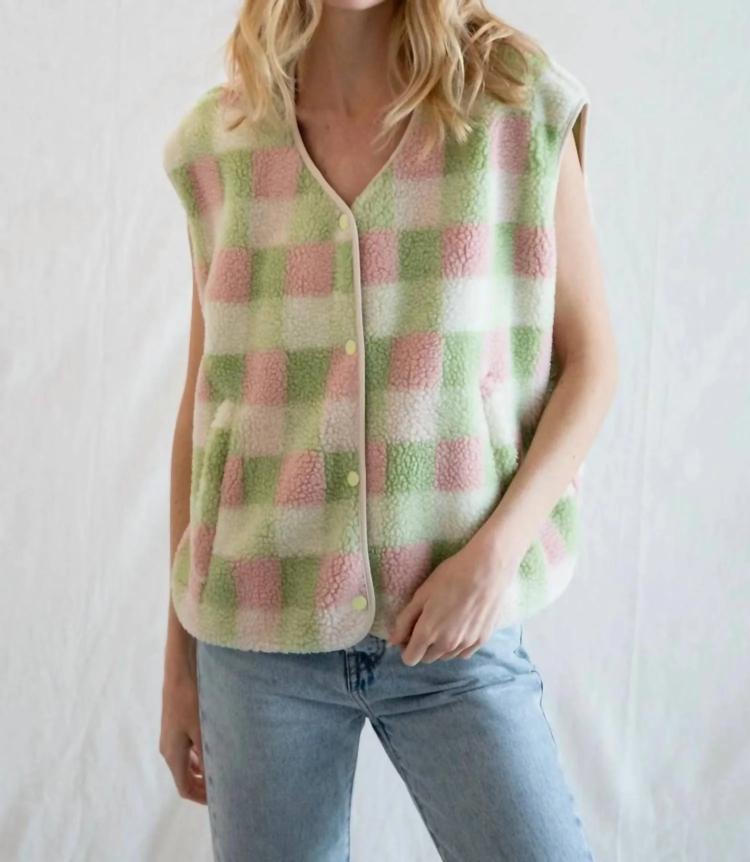 Multi Color Gingham Vest In Mint Combo