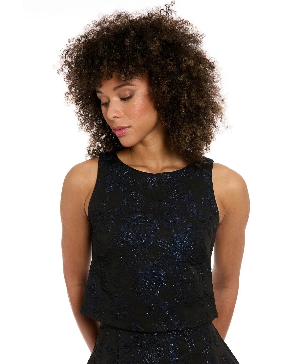 Muse Crop Top Women's Black Blue Shimmery Floral Round Neck Sleeveless PAL31