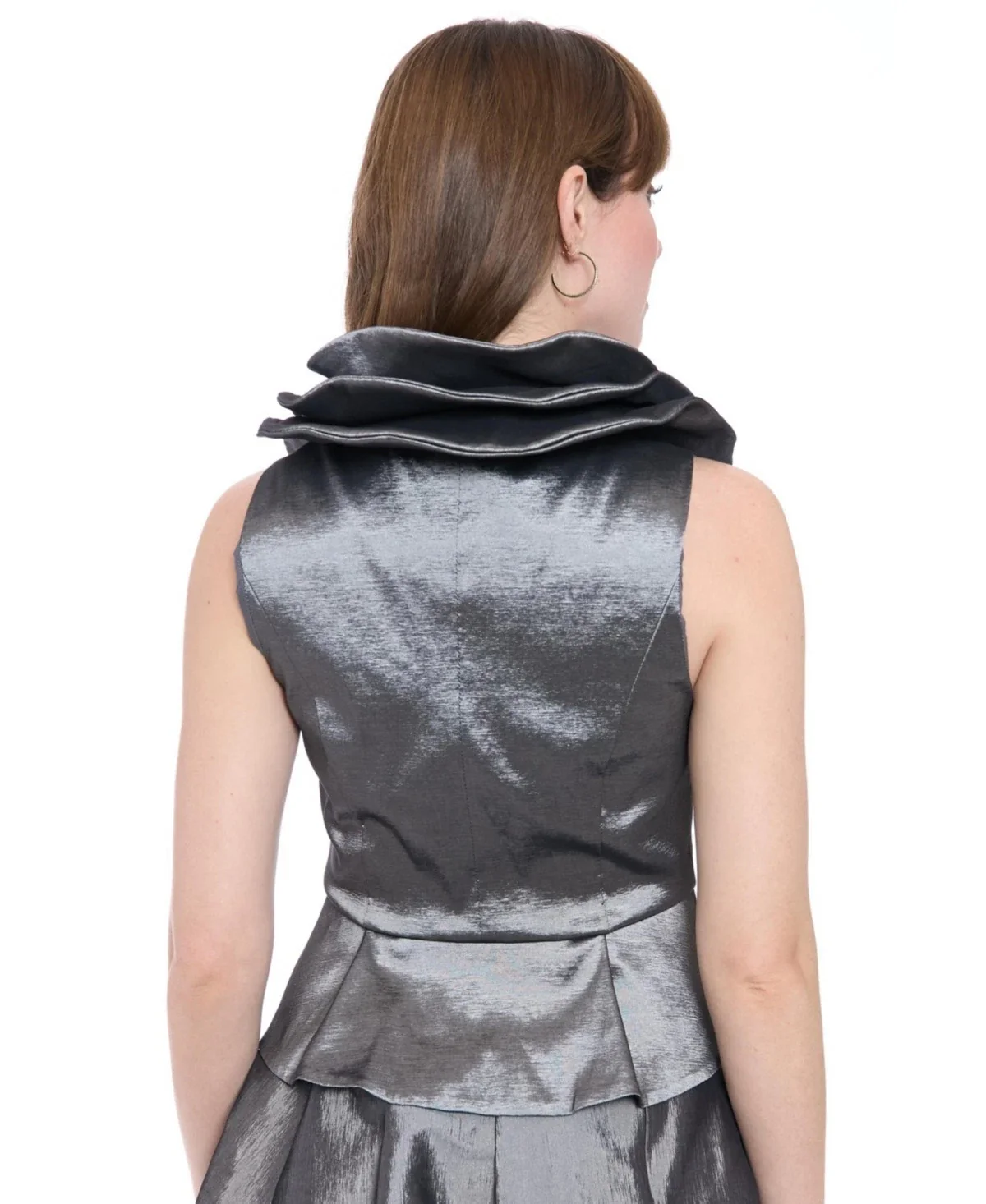 Muse Peplum Top Women's Gray Metallic Tie Waist Triple-Collar Blouse PAL55 - Image 2