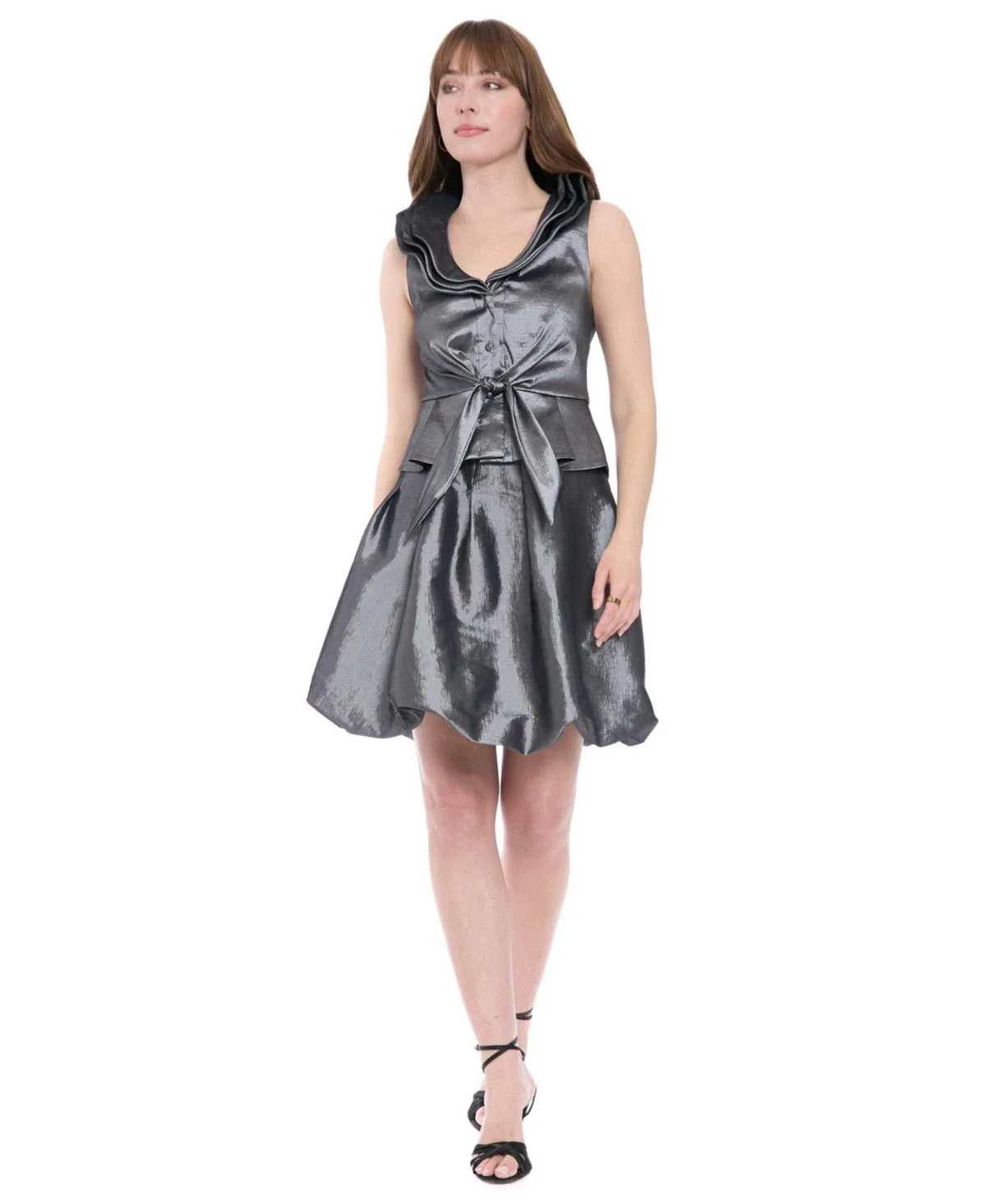 Muse Peplum Top Women's Silver Metallic Tie Waist Triple-Collar Blouse PAL72 - Image 4
