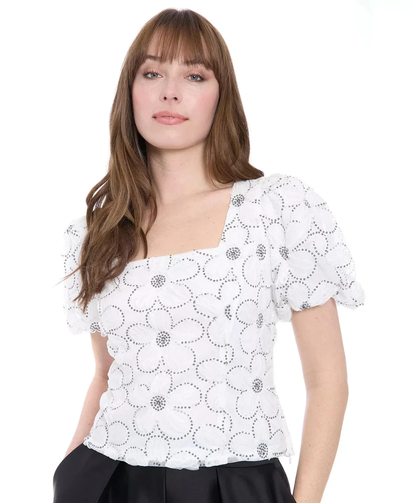 Muse Top Women White Floral Print Square Neck Puff Sleeve Blouse Preppy PAL76