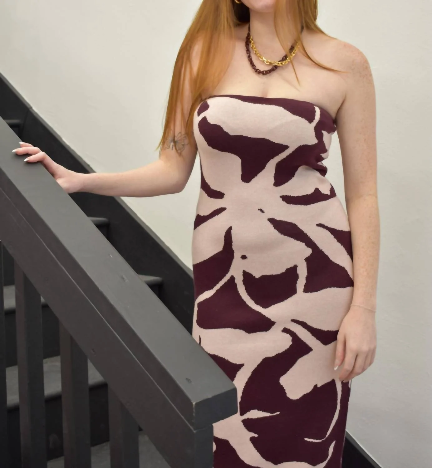 My Dearest Knit Jacquard Tube Dress In Burgundy/pink - Image 4