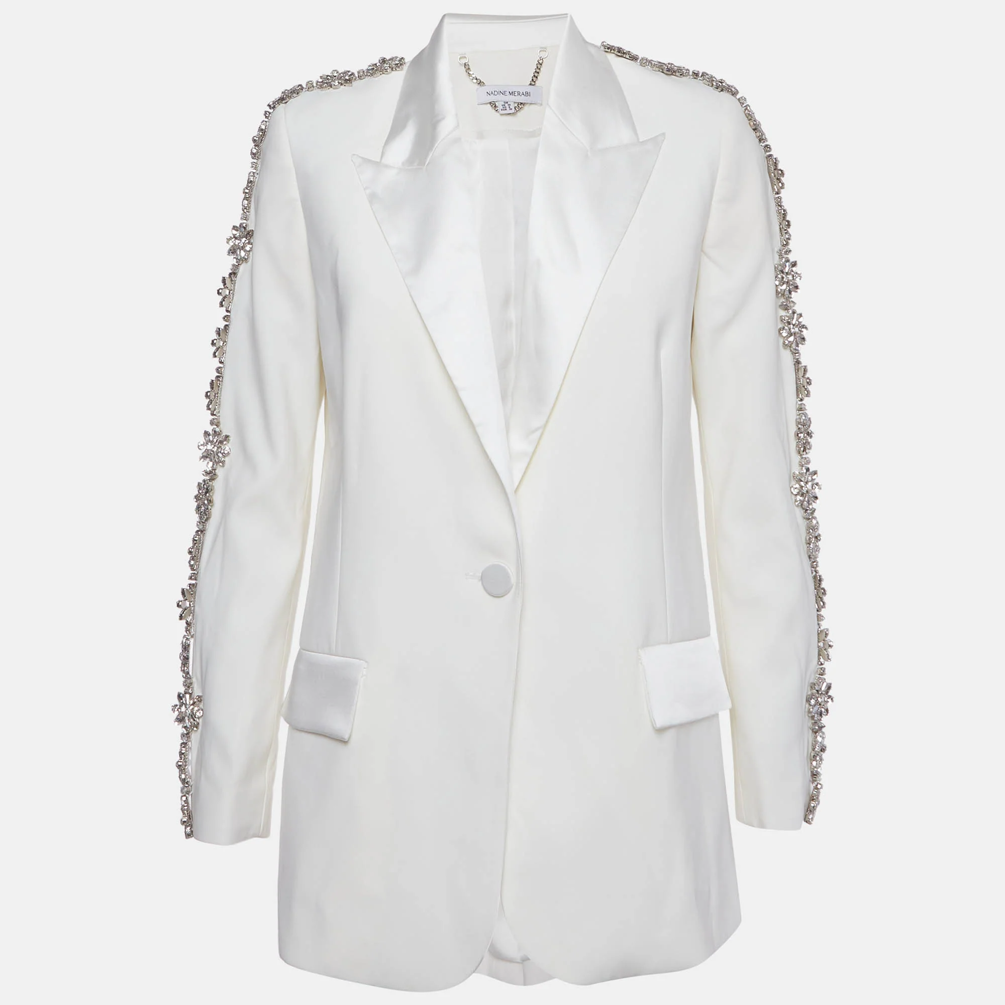 Nadine Merabi White Sateen Embellished Regular Fit Blazer