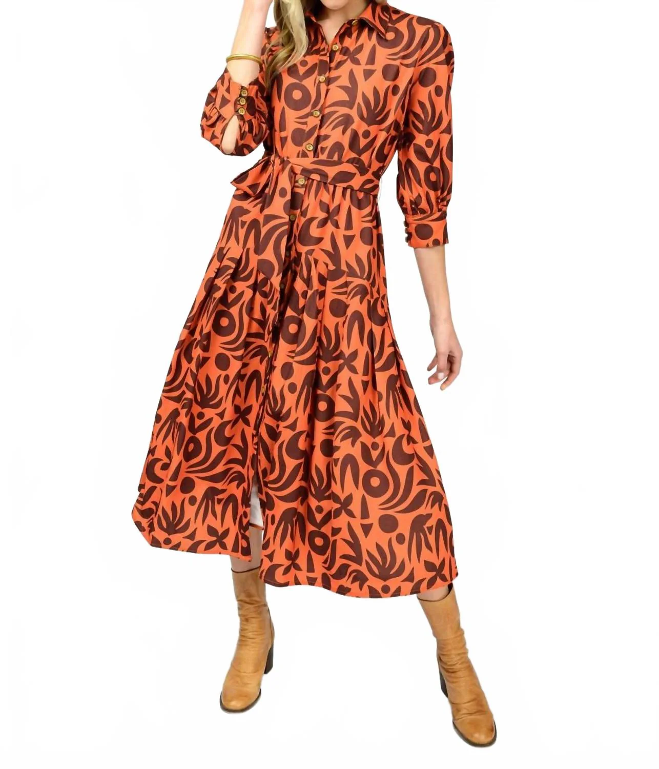 Native Print Shirt Dress In Rust - Image 2