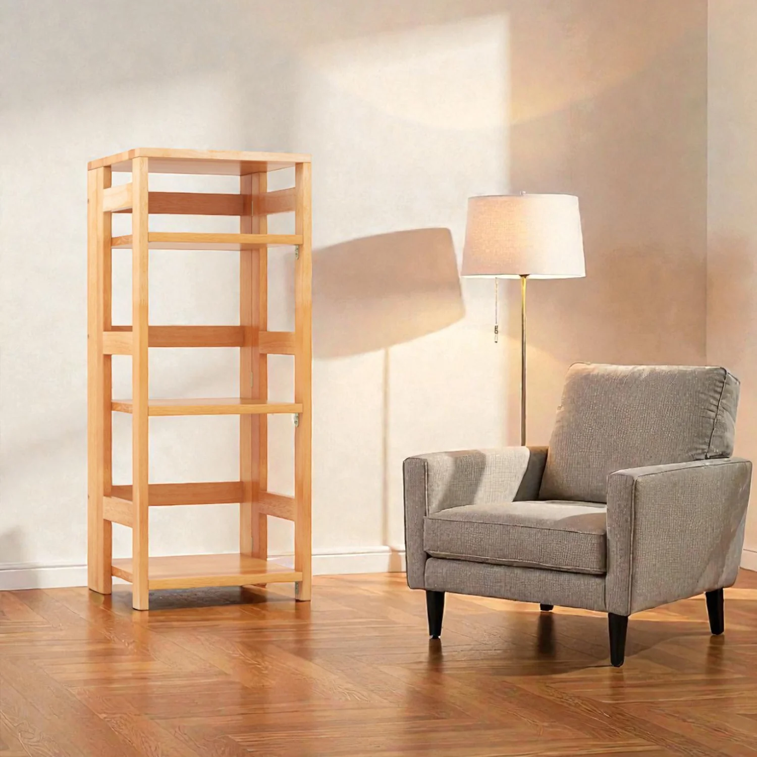 Natural Rubberwood 4-Tier Storage Shelf Open Bookcase with Guarded Sides