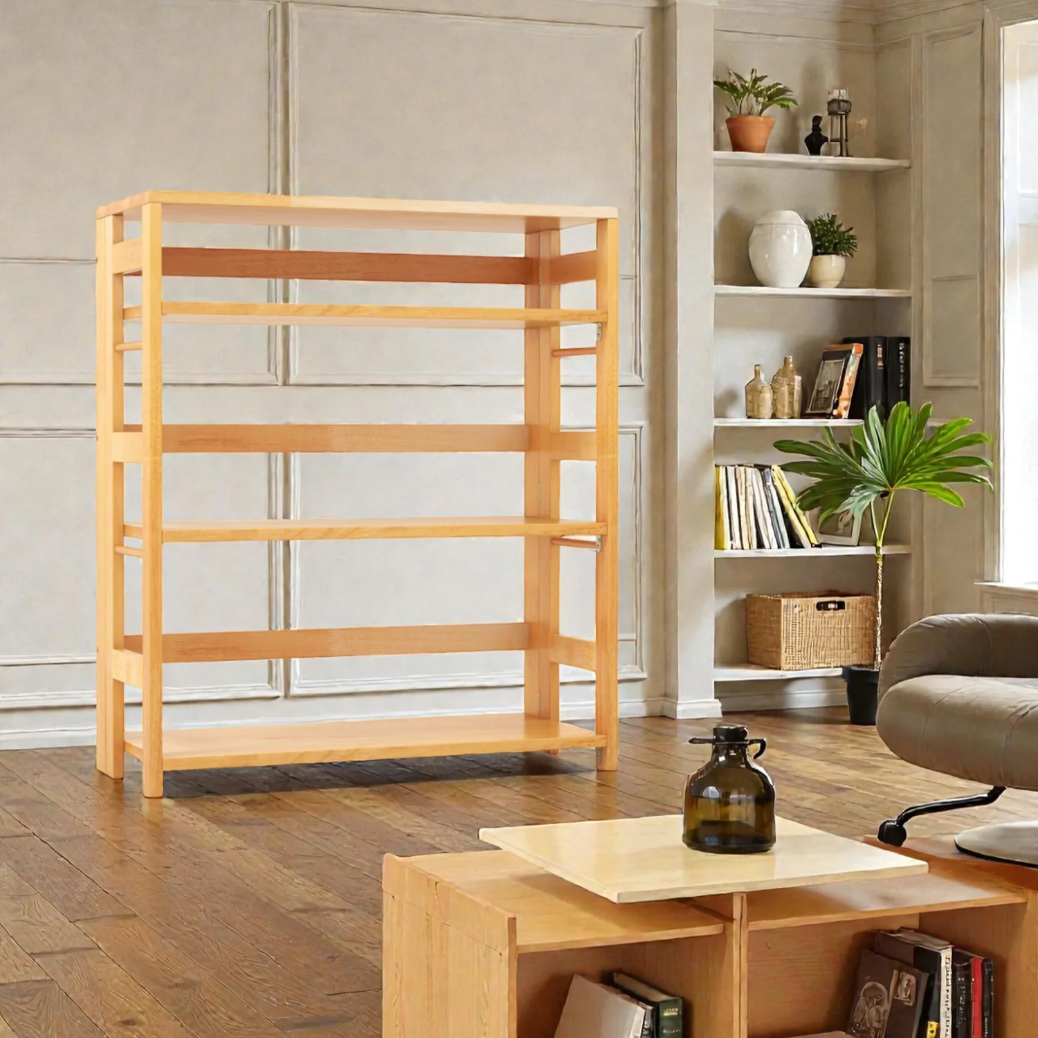 Natural Rubberwood 4-Tier Storage Shelf Open Bookcase with Guarded Sides - Image 4